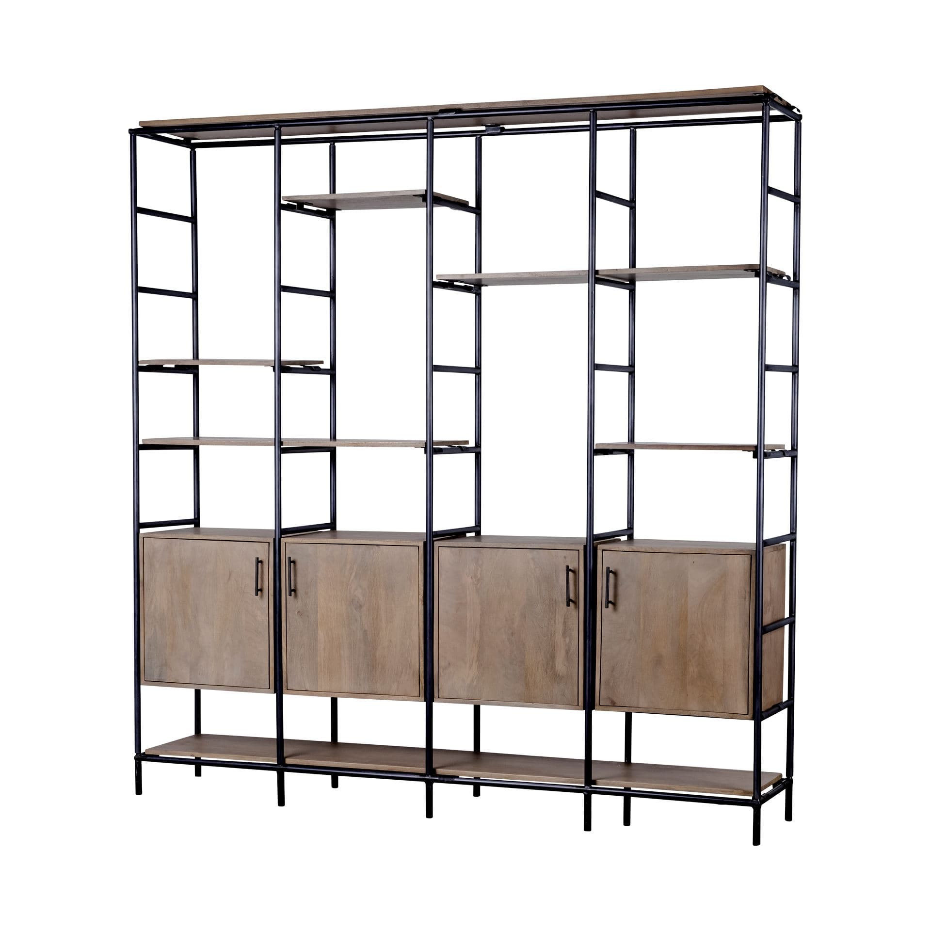 Darius 82L x 16.5W x 90H Medium Brown Wood and Metal Multi-Shelf Shelving Unit — product photograph