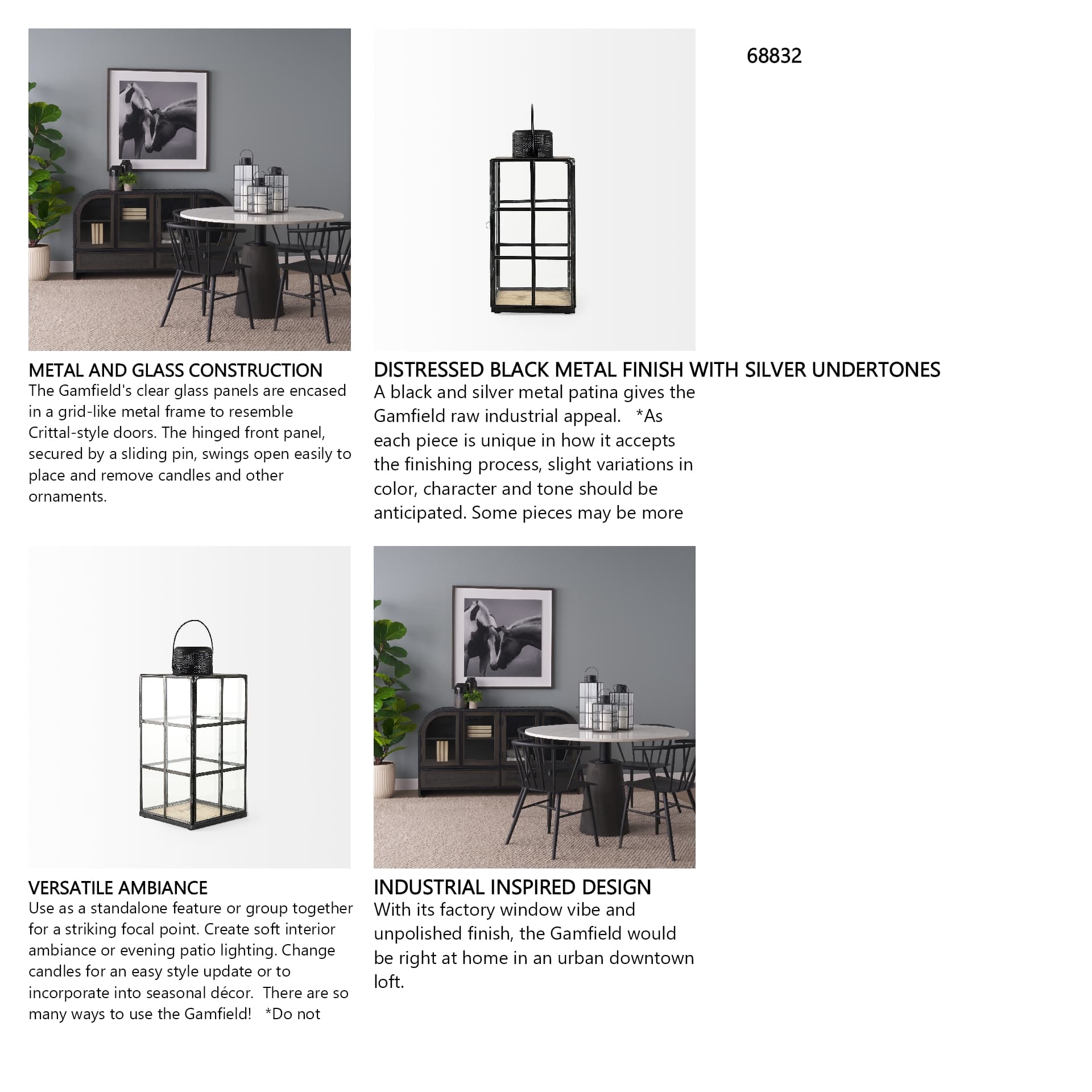 Gamfield 6.1L x 6.1W x 13.4H Medium Black Metal and Glass Lantern — in a styled room