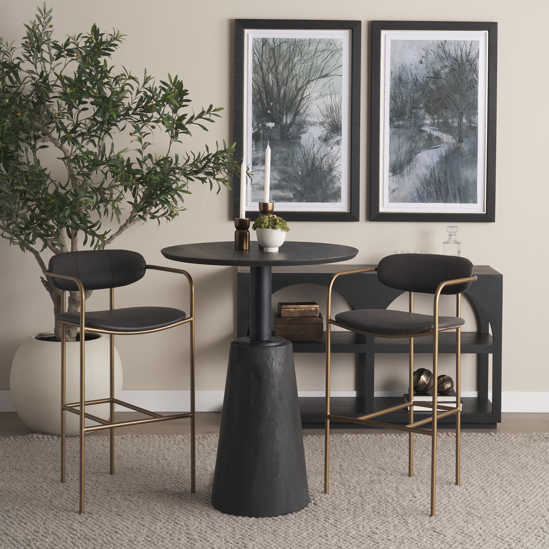 Parker Backless 40in Seat Bar Stool | Brown Faux Leather w/ Gold Metal — in a styled room