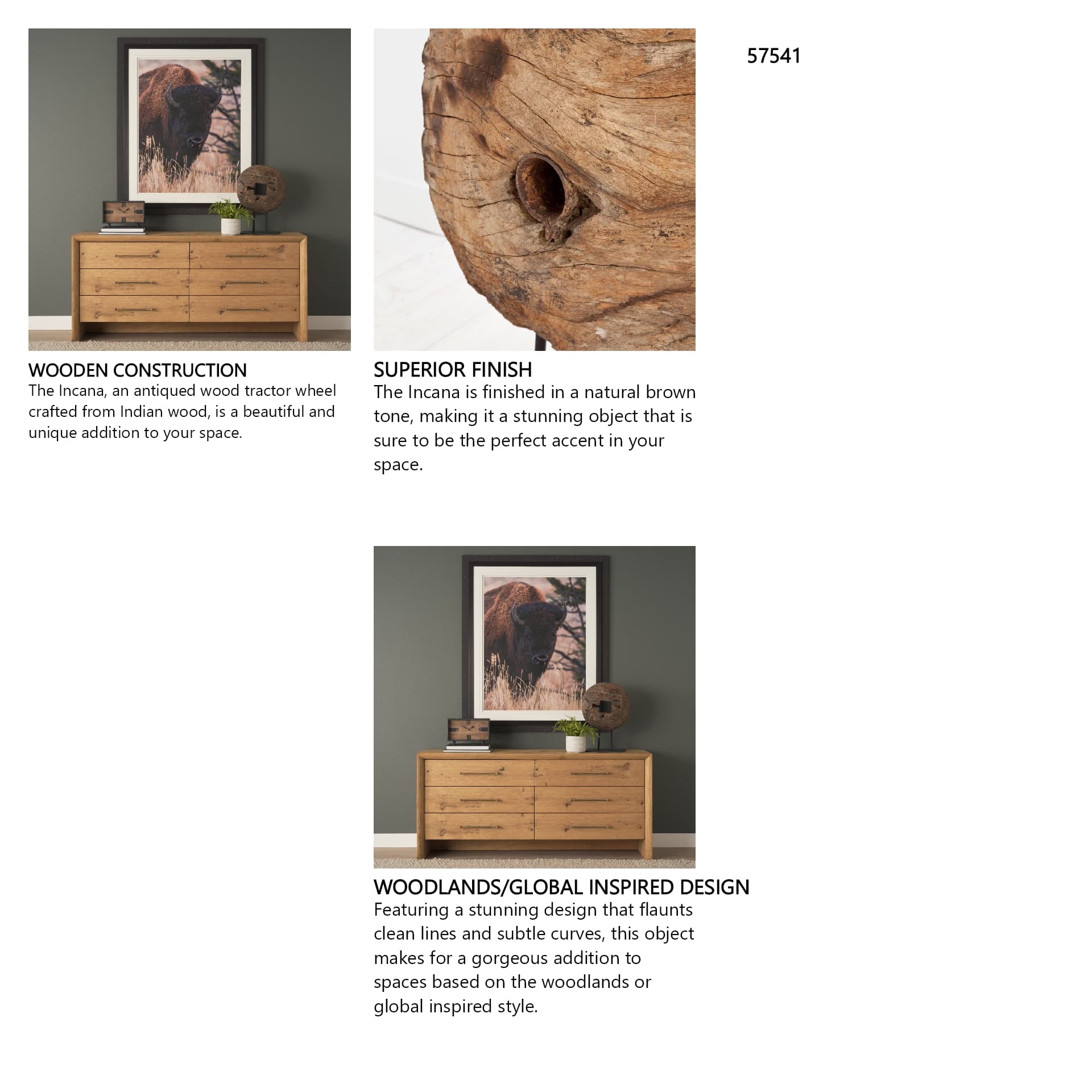 Incana 20L x 4W Natural Brown Reclaimed Wood Wheel Object — in a styled room