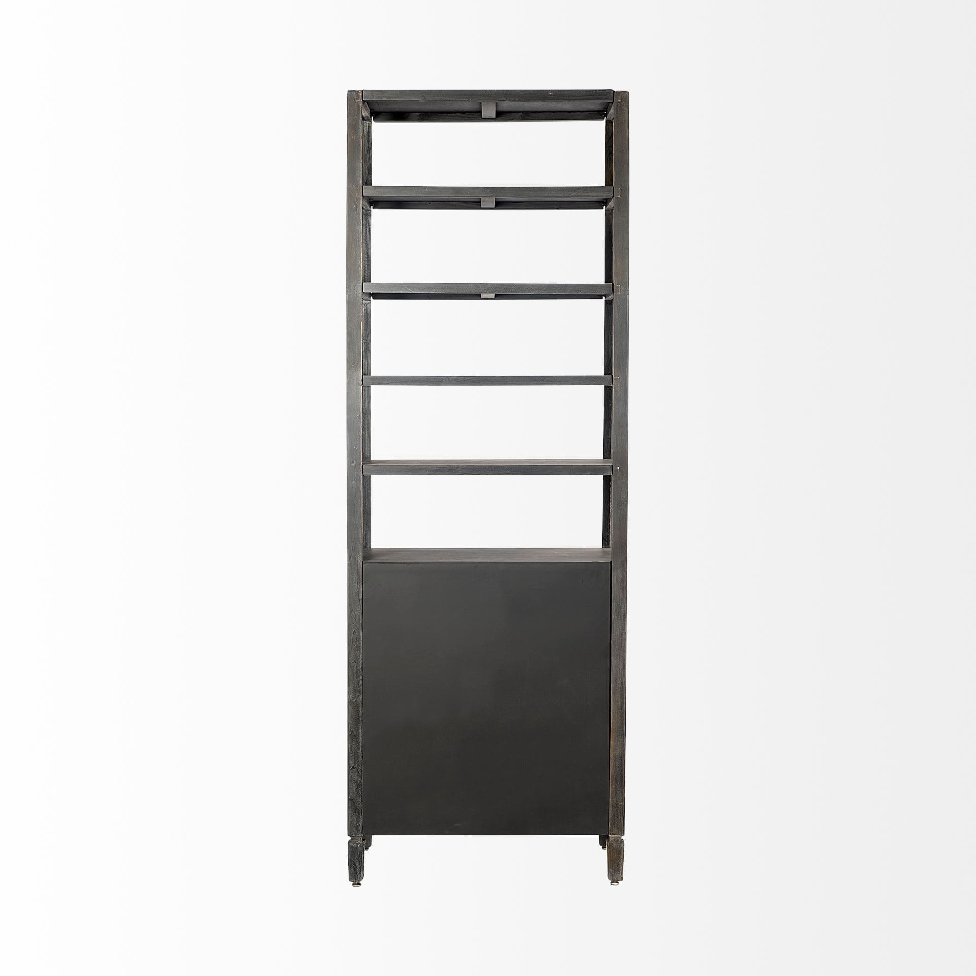 Sunnyvale 32L x 18W x 90H Dark Brown Solid Wood and Mirrored Glass Four Shelf Shelving Unit — product photograph