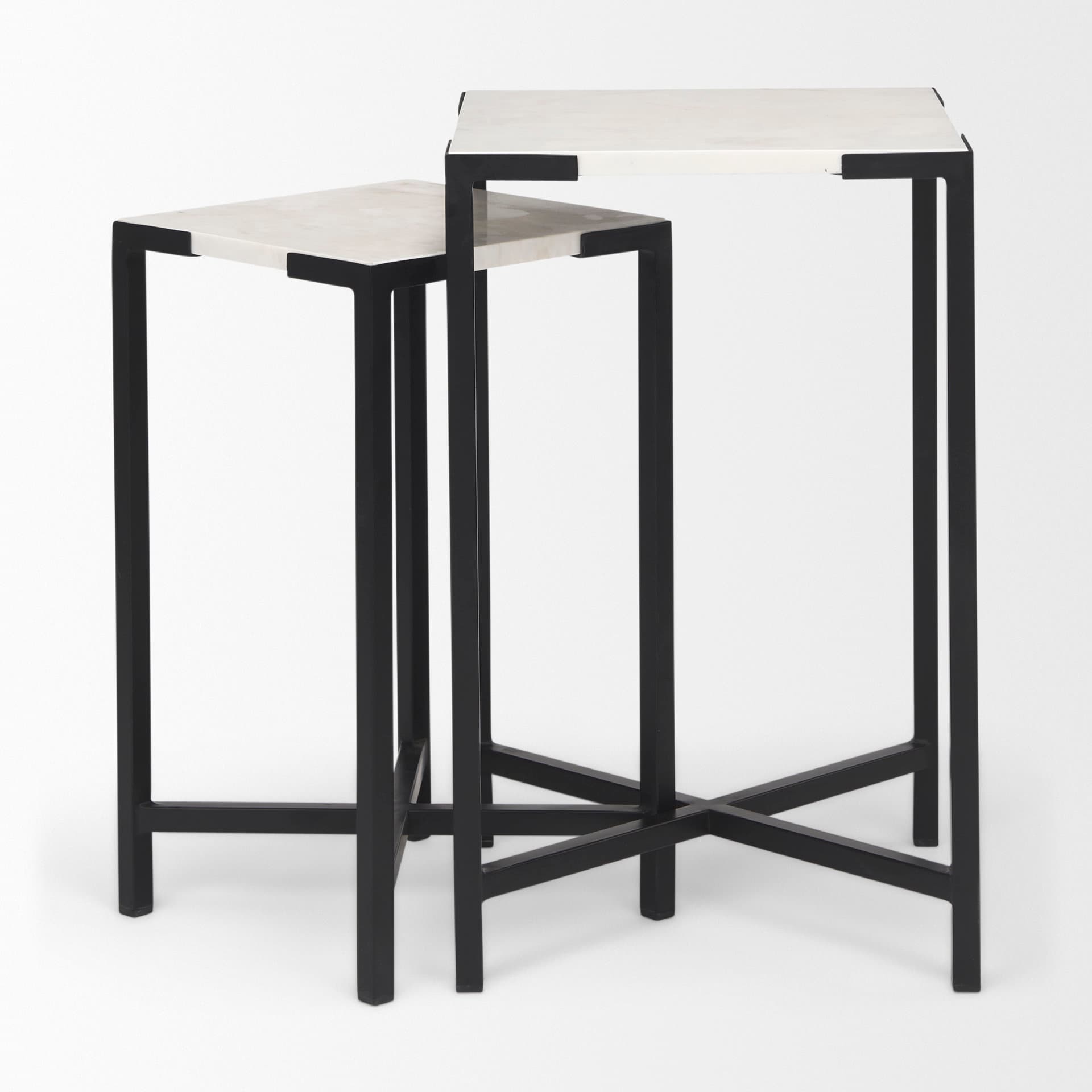 Lucas III (Set of 2) 15L x 15W; 12L x 12W White Marble W/Black Iron Frame Accent Tables — product photograph