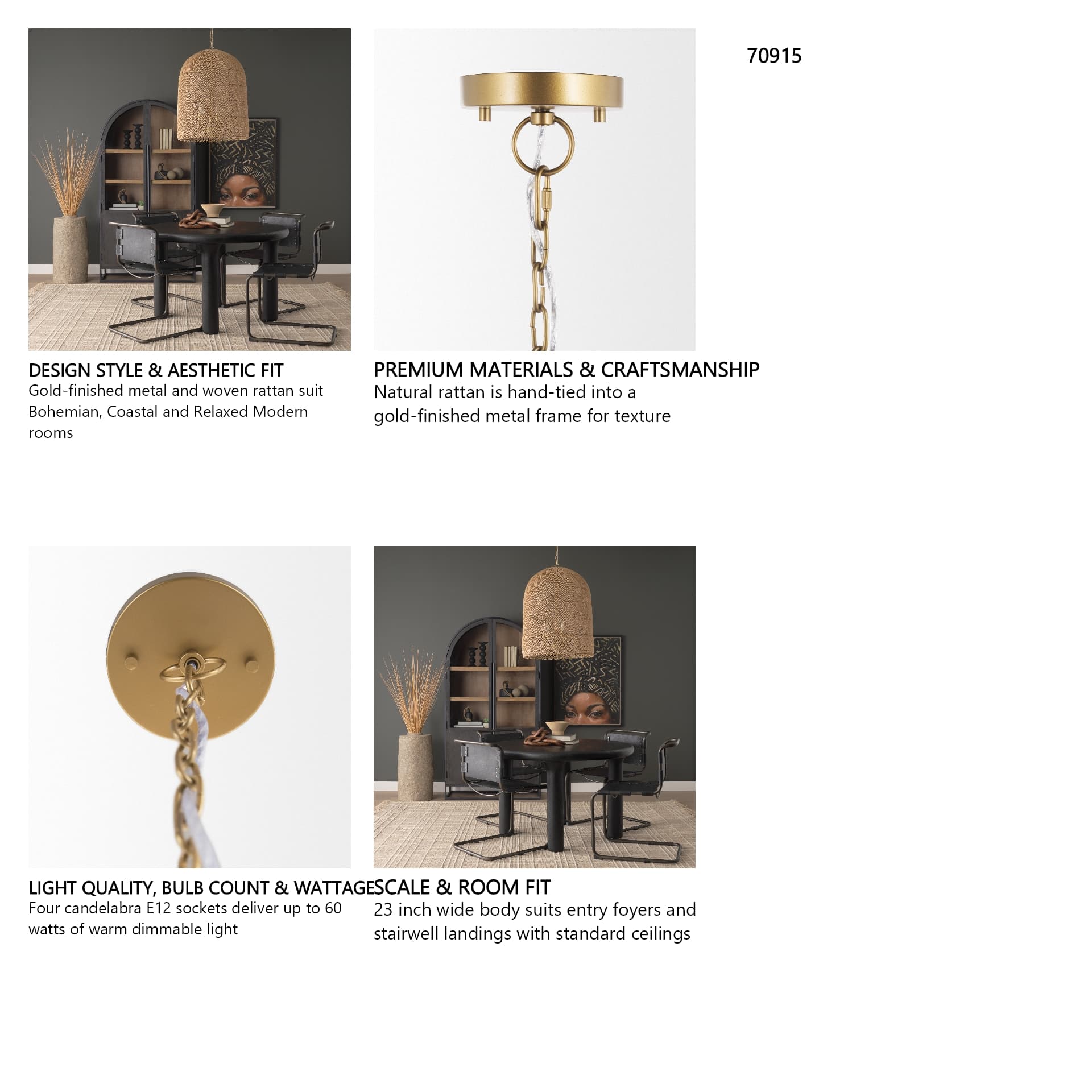 Thad 4-Light Natural Woven Rattan Foyer Chandelier — in a styled room