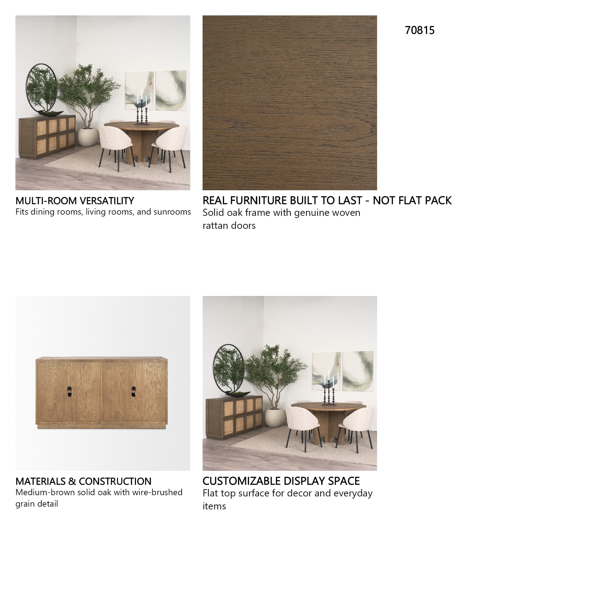 Sina Brown Oak Wood w/ Natural Rattan 4 Door Sideboard — in a styled room