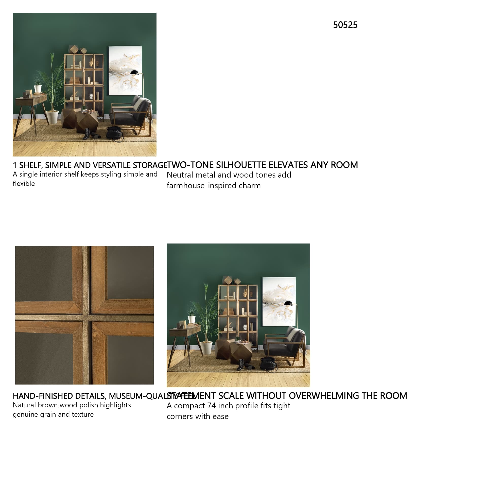 Pandora I 74" H Brown Wood and Metal Glass Door Display Cabinet — in a styled room