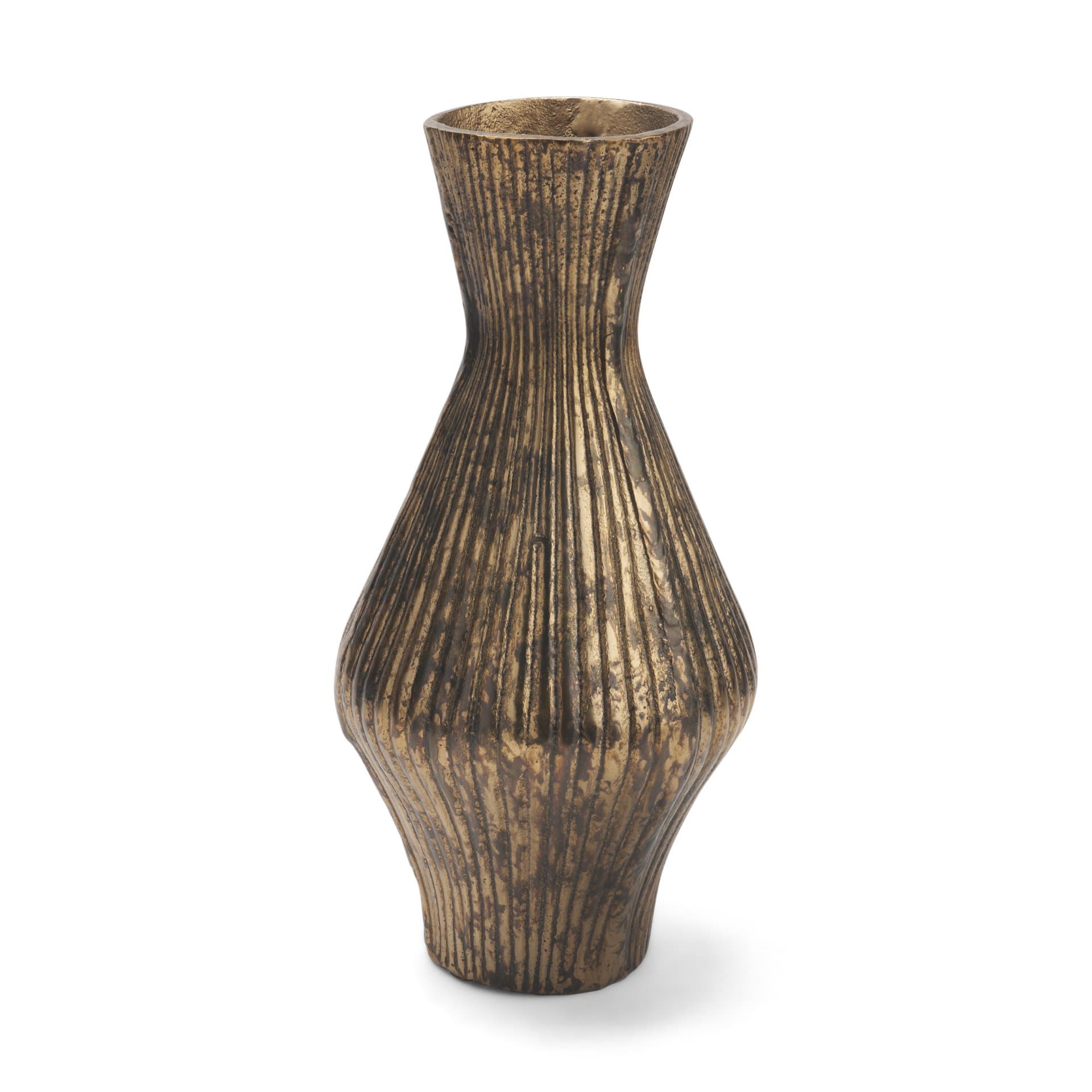 Patine Antiqued Brass Metal Fluted Hourglass Decorative Vase — product photograph