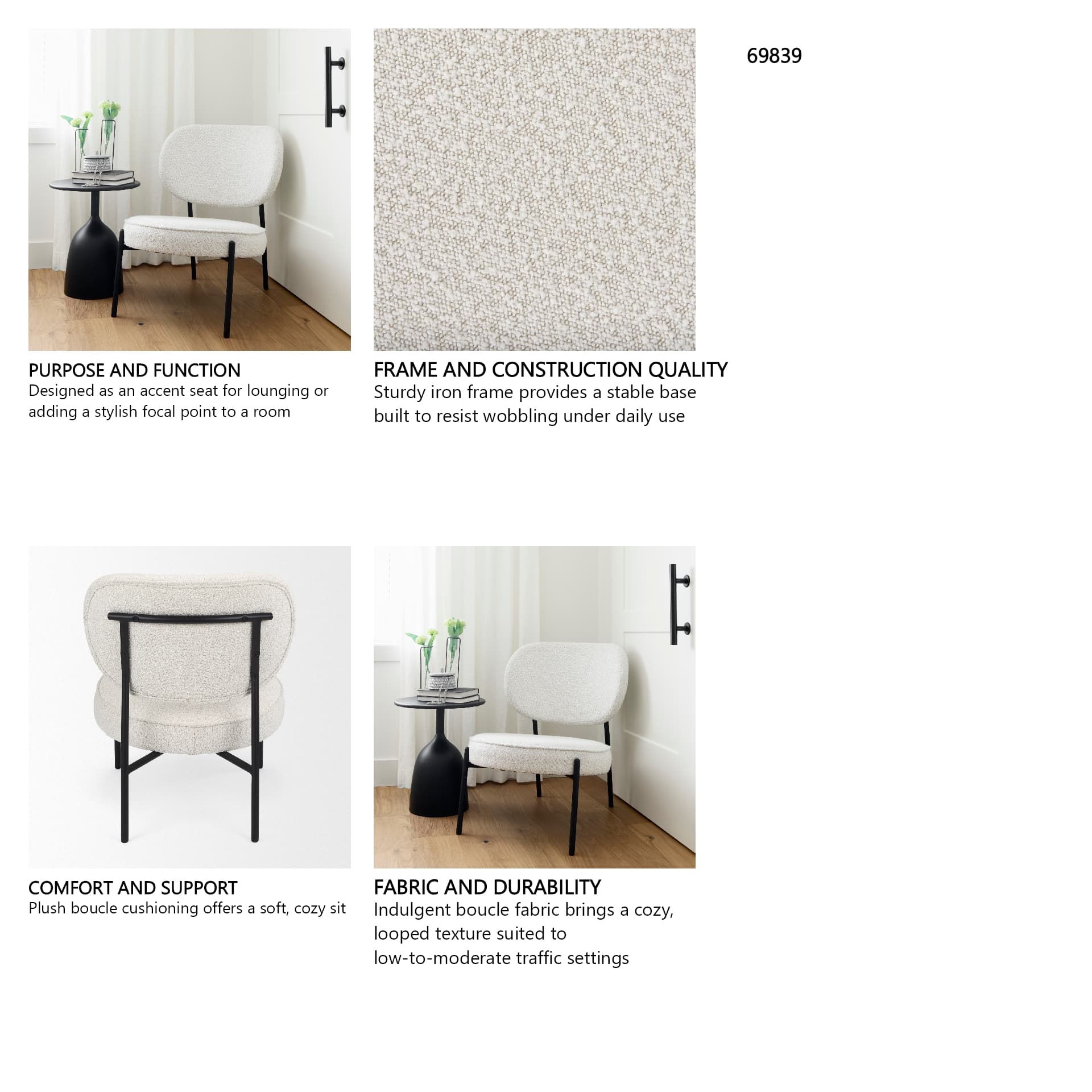 Amelia Cream Boucle W/Black Metal Upholstered Accent Chair 21.3L x 21.3W x 30.3H — in a styled room