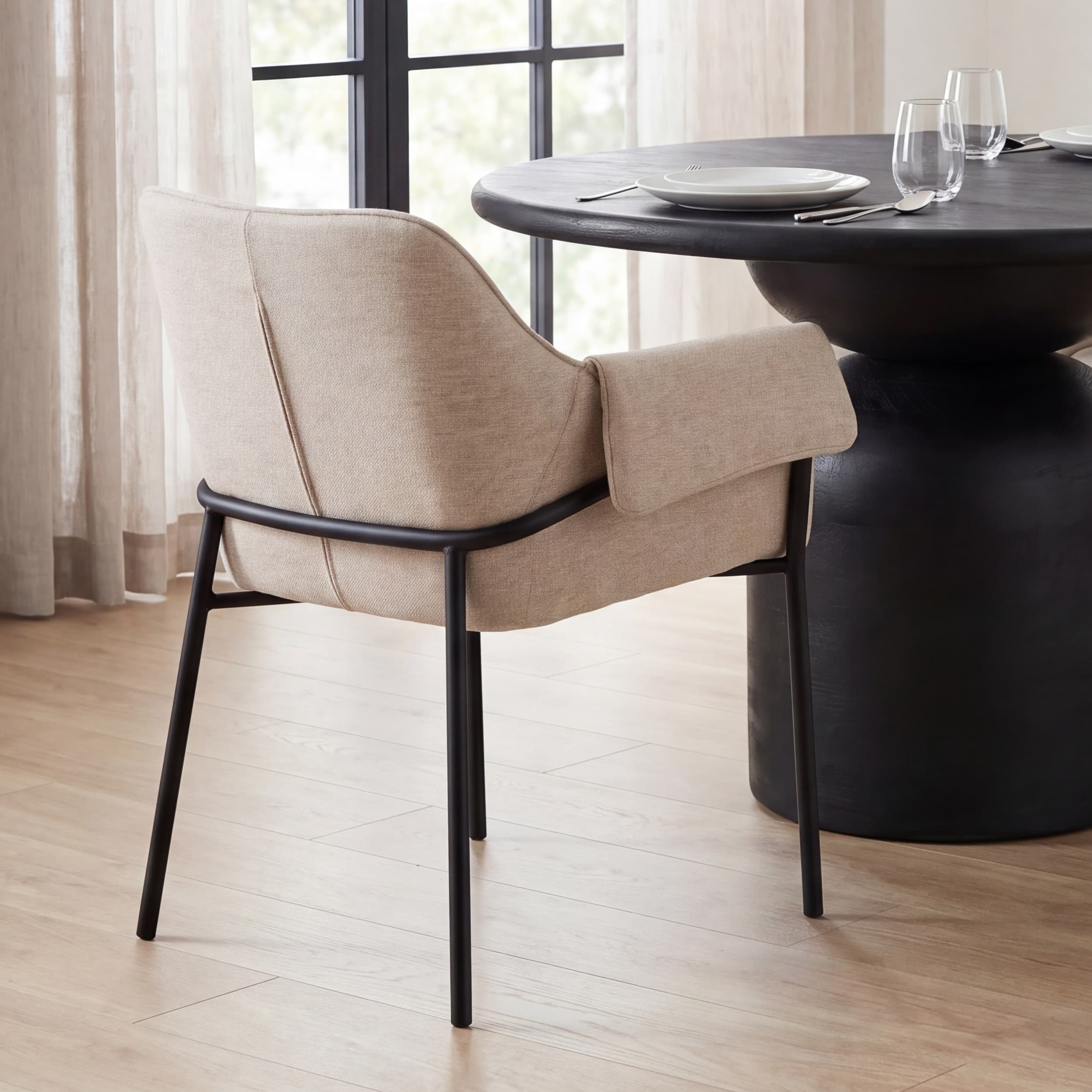 Brently Curved Back Dining Arm Chair | Oatmeal Fabric w/ Metal — product photograph