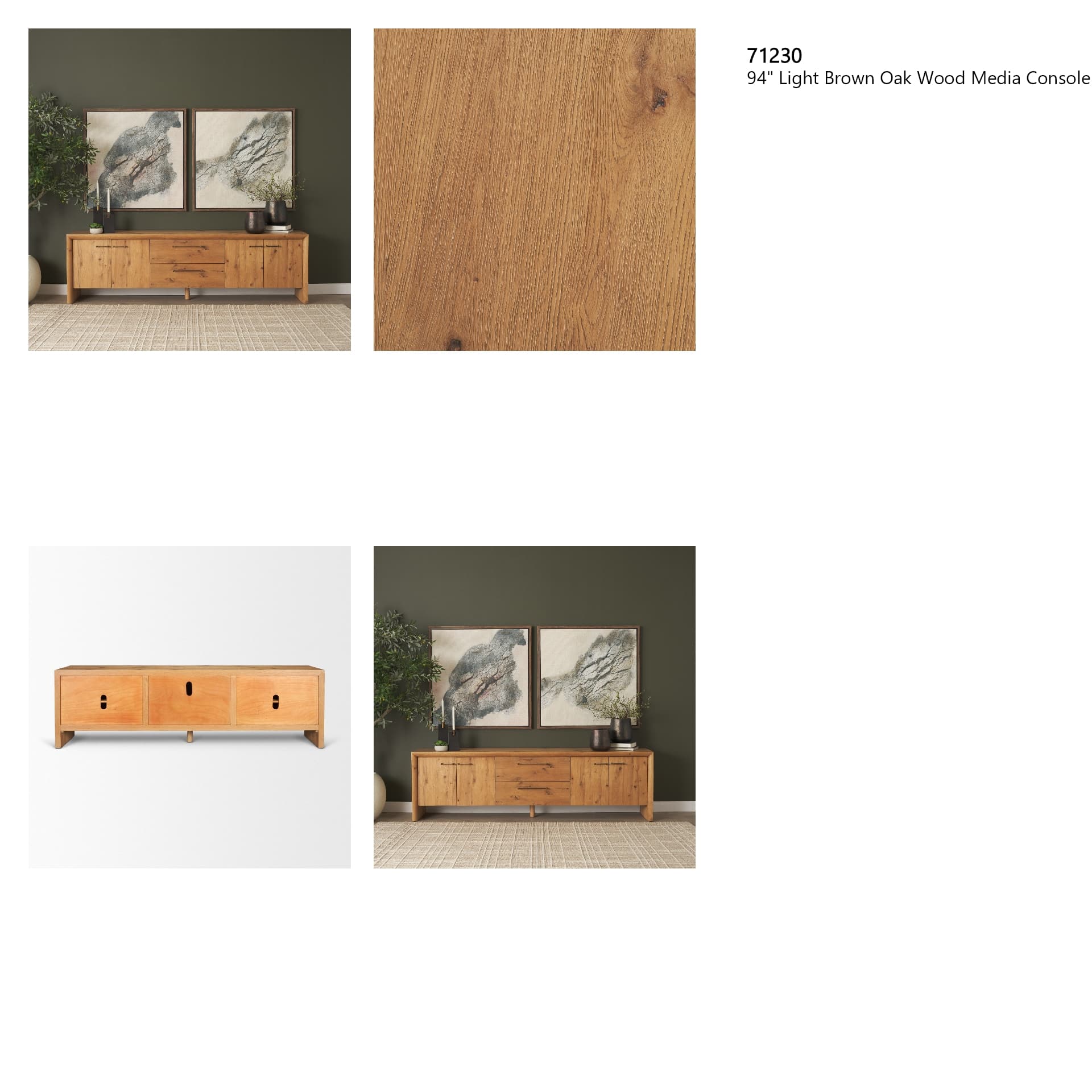 Belford 94" Light Brown Oak Wood Media Console — in a styled room