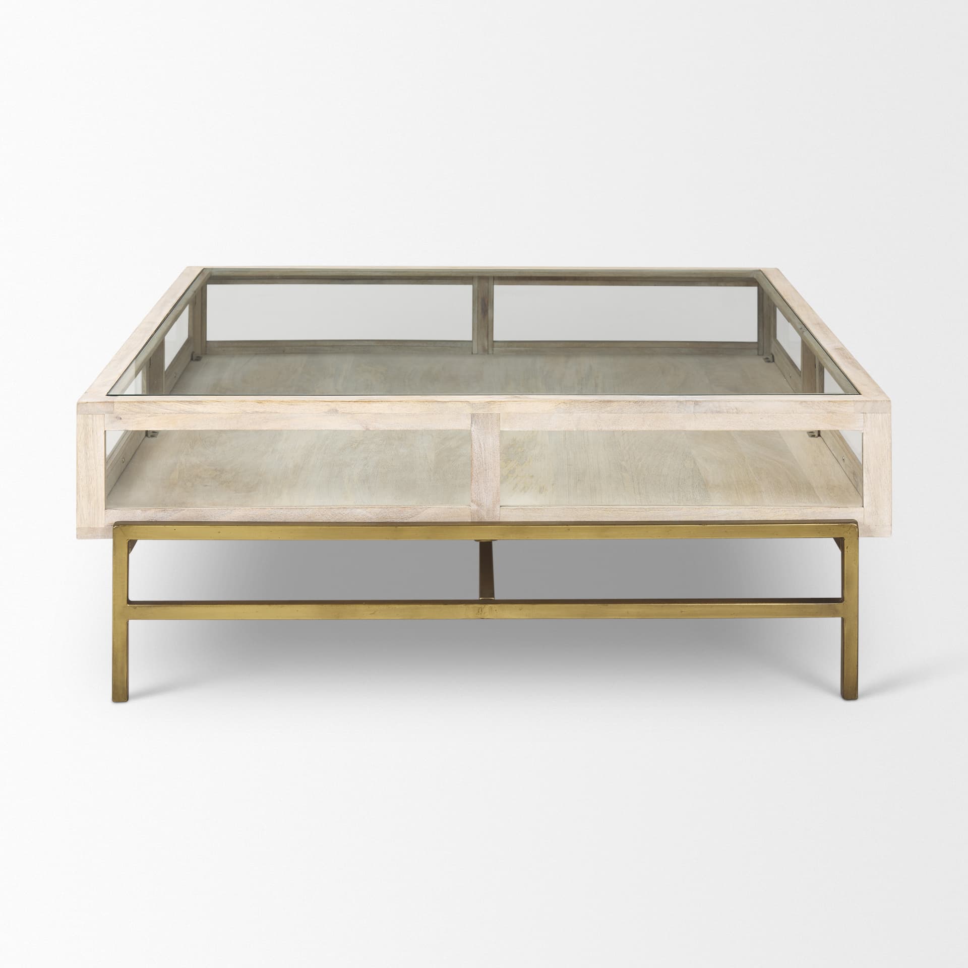 Arelius 42" Square Glass-Top White Wood w/ Gold Metal Base Display Coffee Table — product photograph