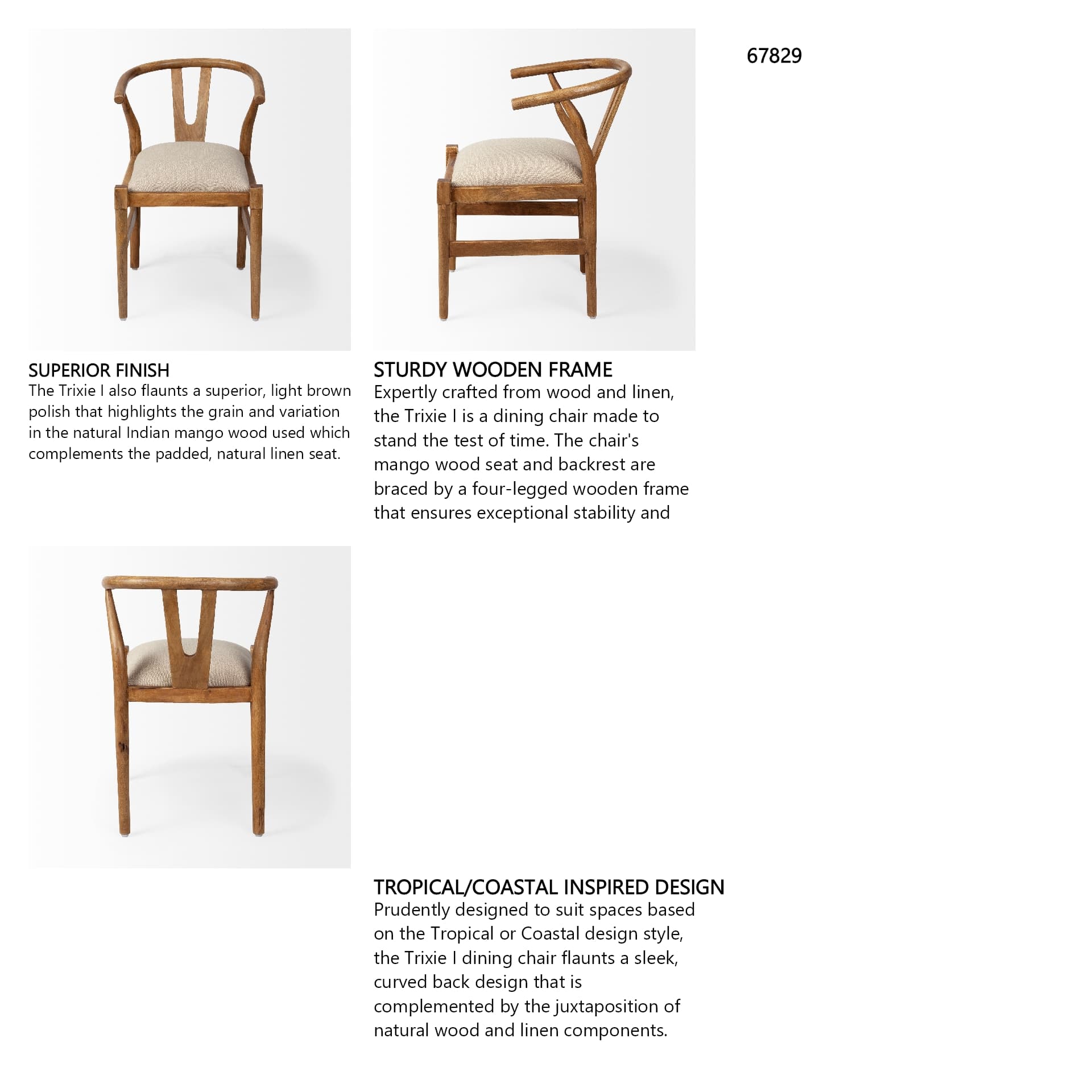 Trixie Curved Back Dining Arm Chair | Cream Fabric w/ Brown Wood — in a styled room