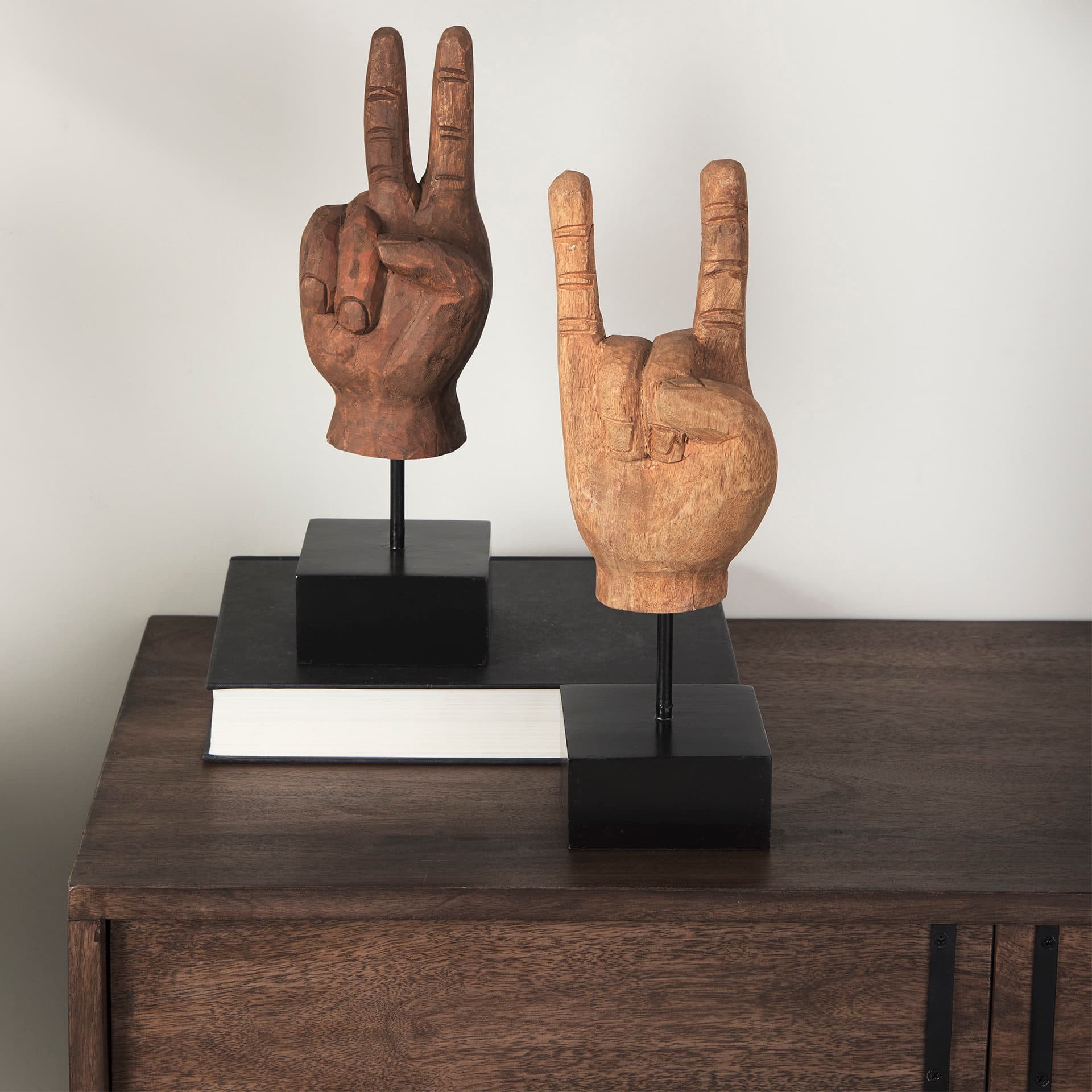 Pacem 4L x 4W Natural Wooden Carved Peace Sign Hand — product photograph