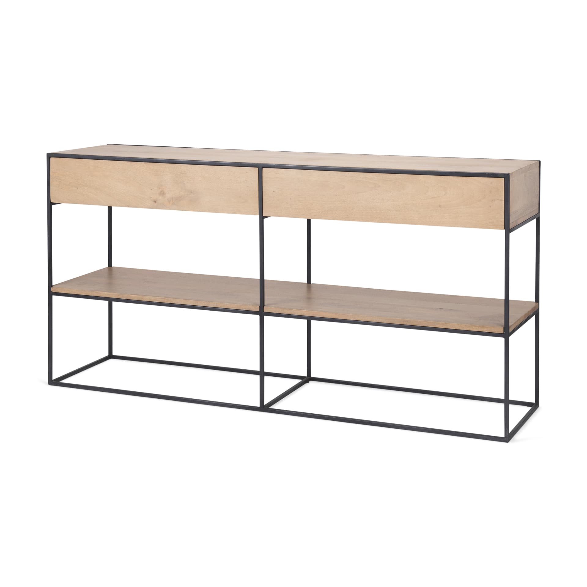 Morris 63.0L x 15.0W x 31.0H Beige Wood w/ Black Metal Frame 2 Drawer Console Table — product photograph