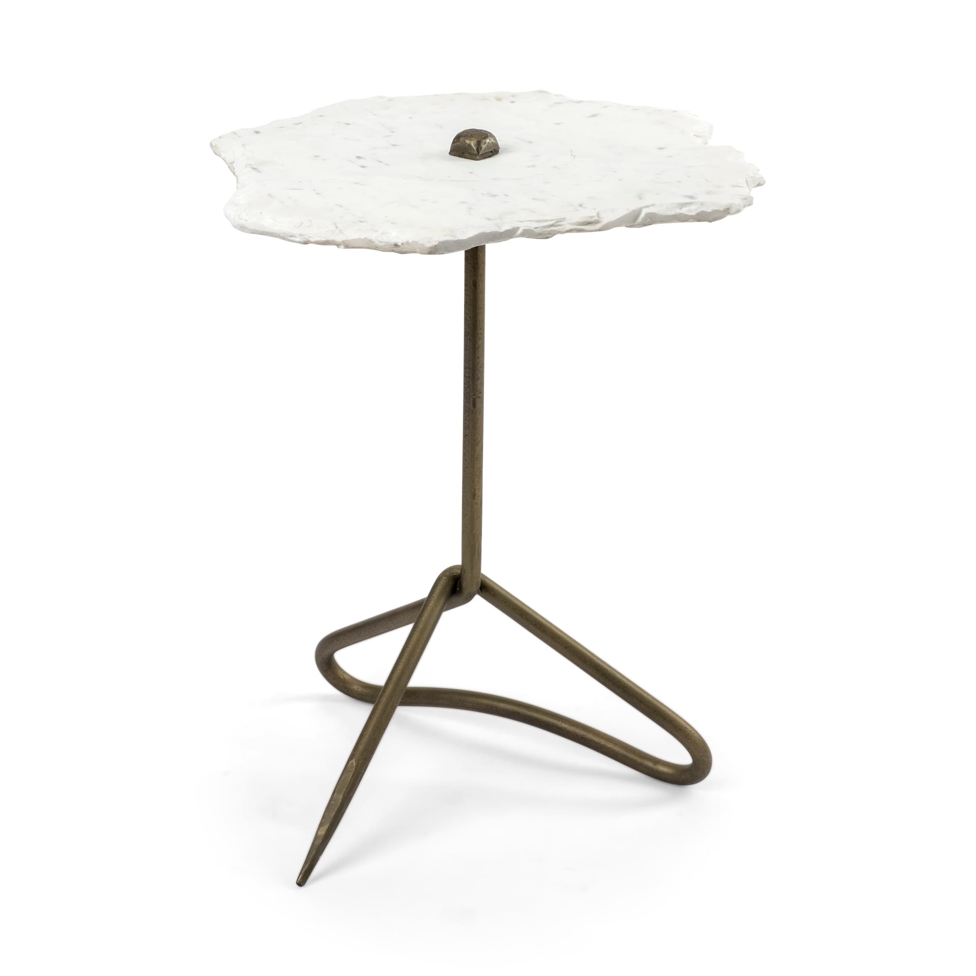 Pinera II 19L x 19W White Marble W/ Triangluar Gold Iron Base Accent Table — product photograph