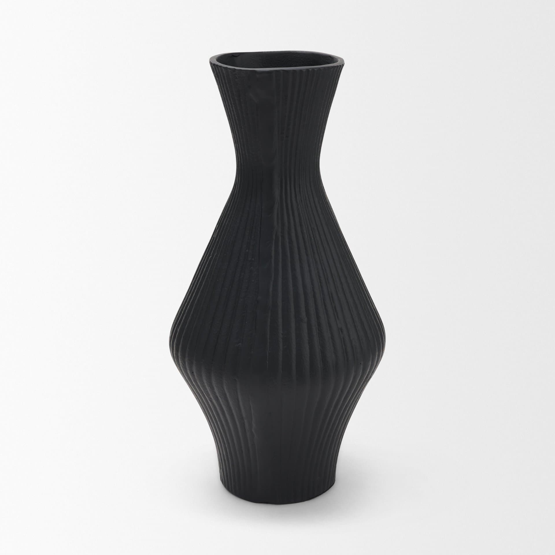 Patine Matte Black Metal Fluted Hourglass Decorative Vase — product photograph