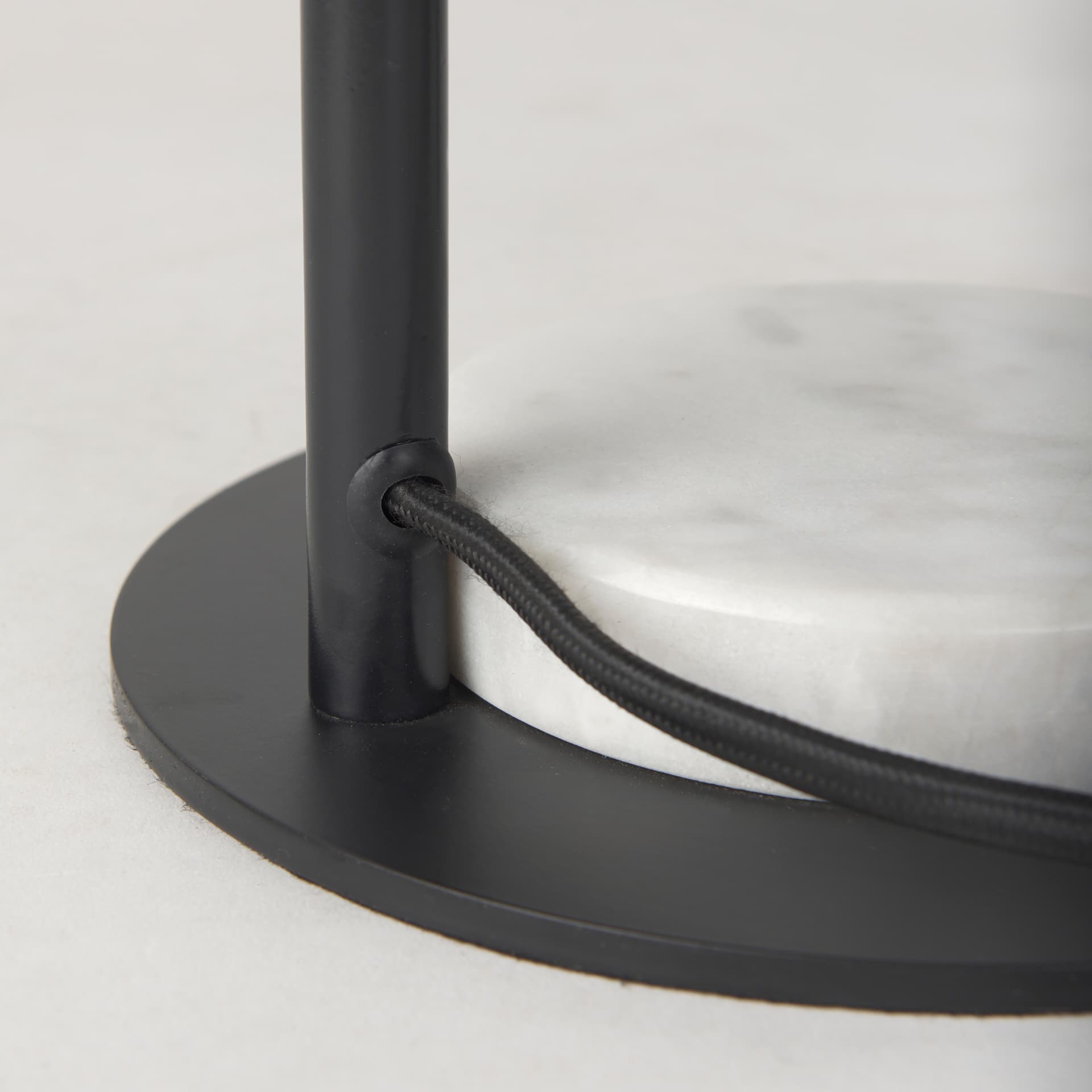 Sarah 15.0L x 10.0W x 22.2H Arched Black Metal W/Marble Cube and White Shade Table Lamp — product photograph