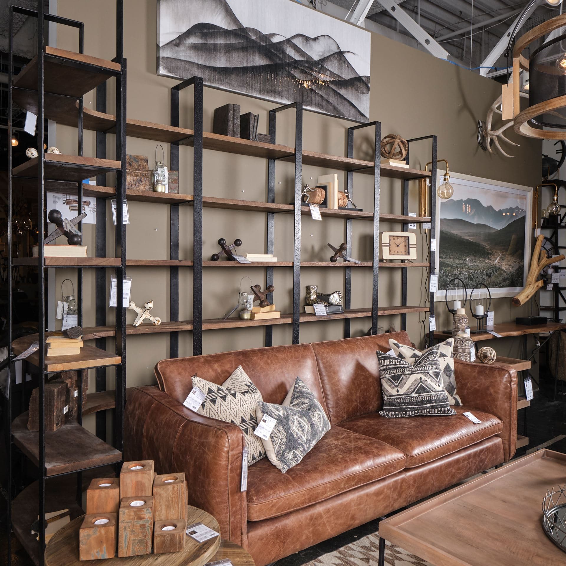 Turner II 37L x 10.5W x 90H Curved Dark Brown Wood And Black Iron Six Shelving Unit — product photograph