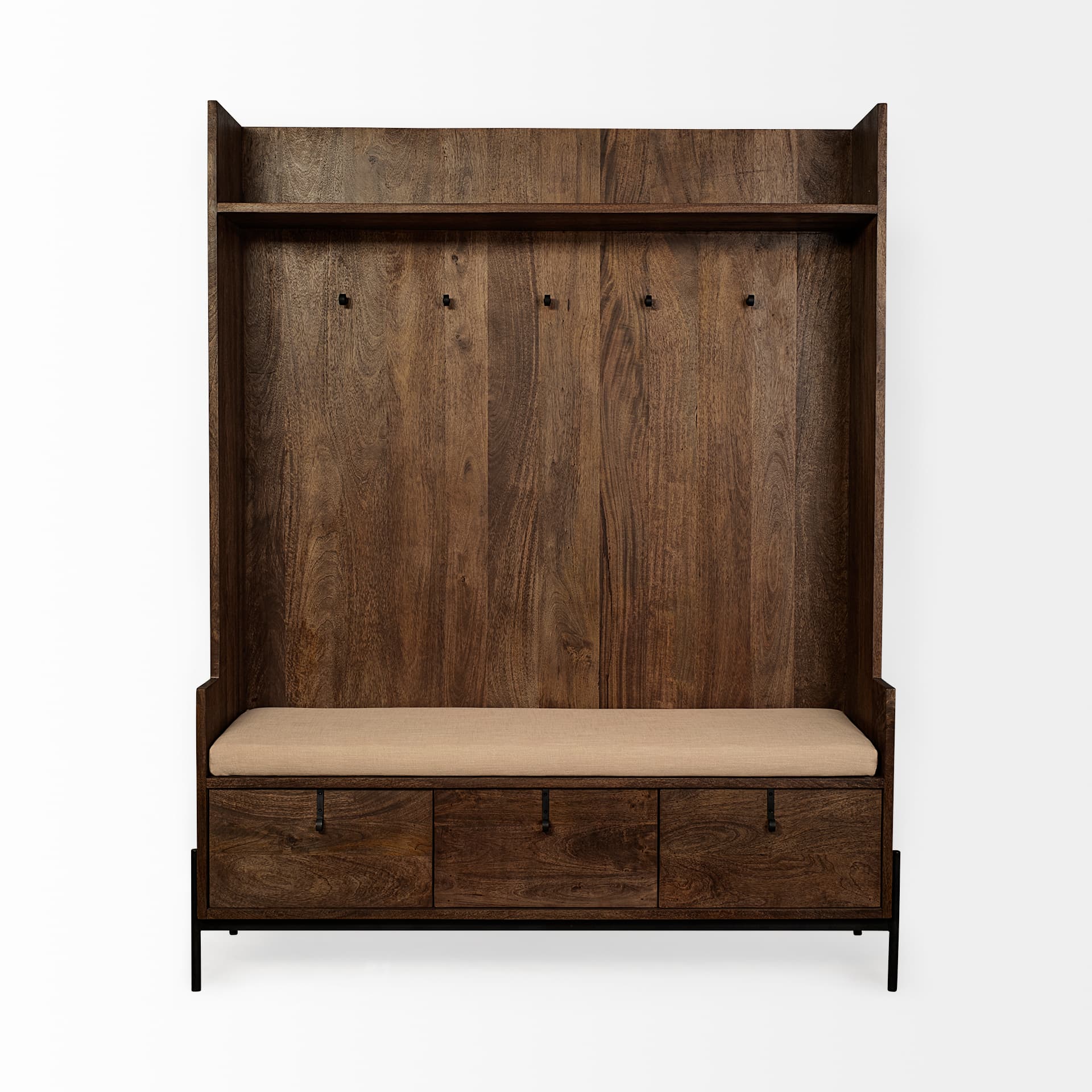 Glenn V 56L x 17W Dark Brown Wood w/ Cream Fabric Seat, 3 Drawers Hall Tree — product photograph