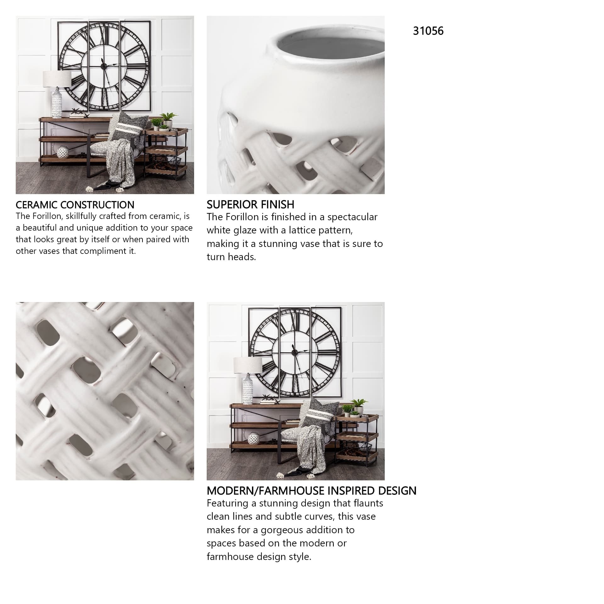 Forillon I Short White Glazed Lattice Pattern Vase — in a styled room