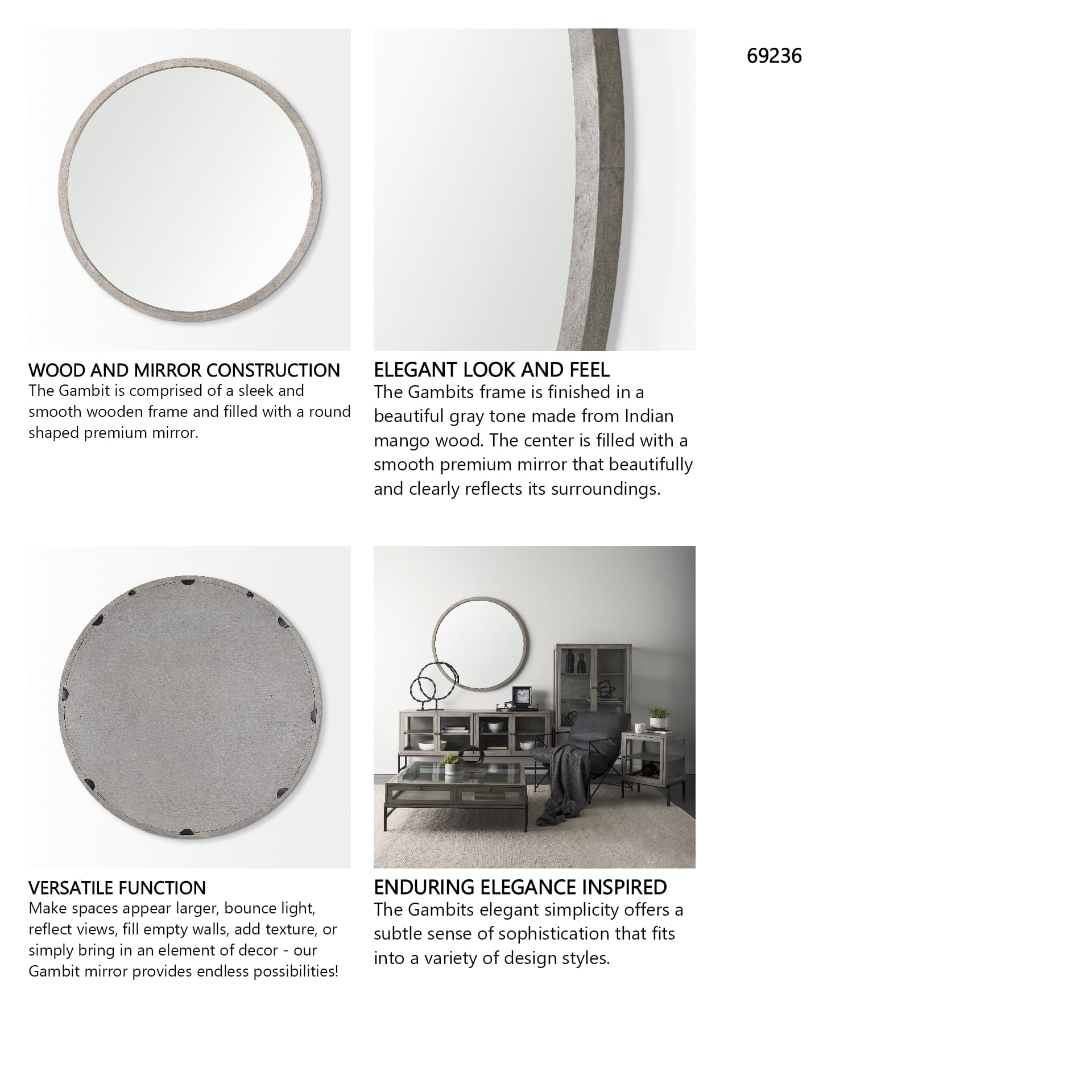 Gambit 46" Round Gray Wash Wood Frame Wall Mirror — in a styled room
