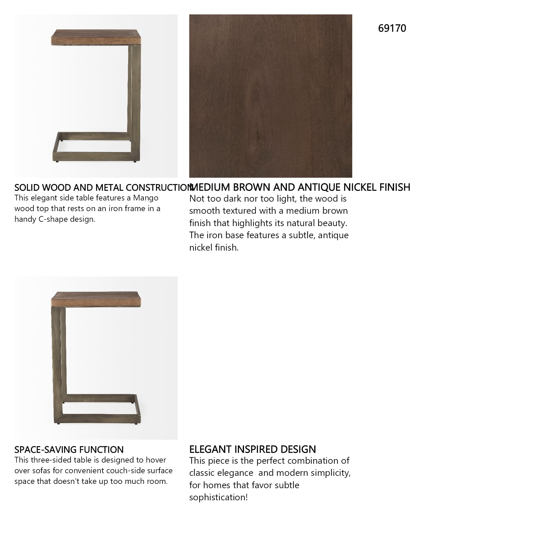 Faye 14L x 18W x 26H Medium Brown Wood W/ Antique Nickel Finished Metal Base C Side Table — in a styled room