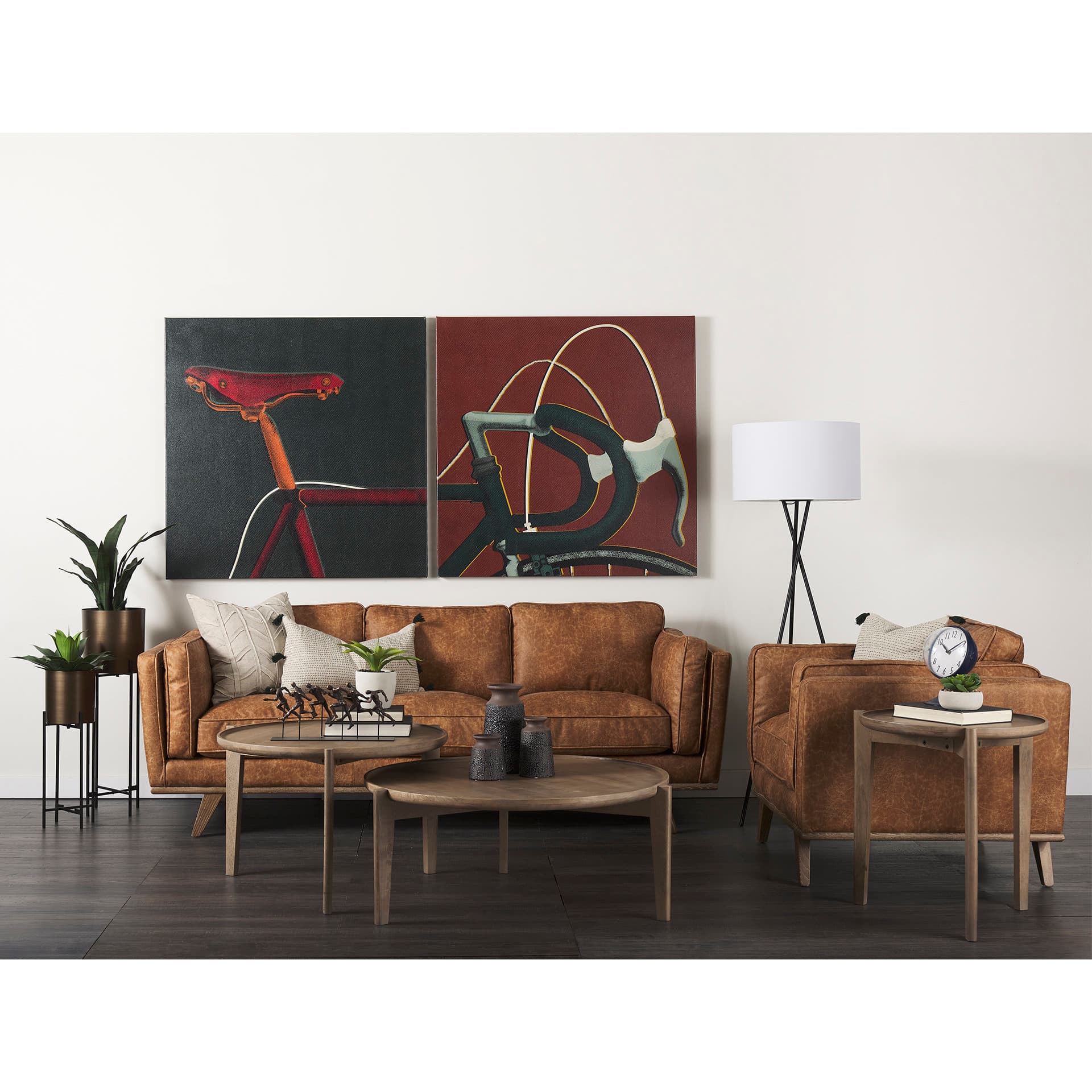 Brooks 90.2L x 34.8W x 33.5H Cognac Brown Faux Leather Three Seater Sofa W/ Medium Brown Wooden Legs — in a styled room