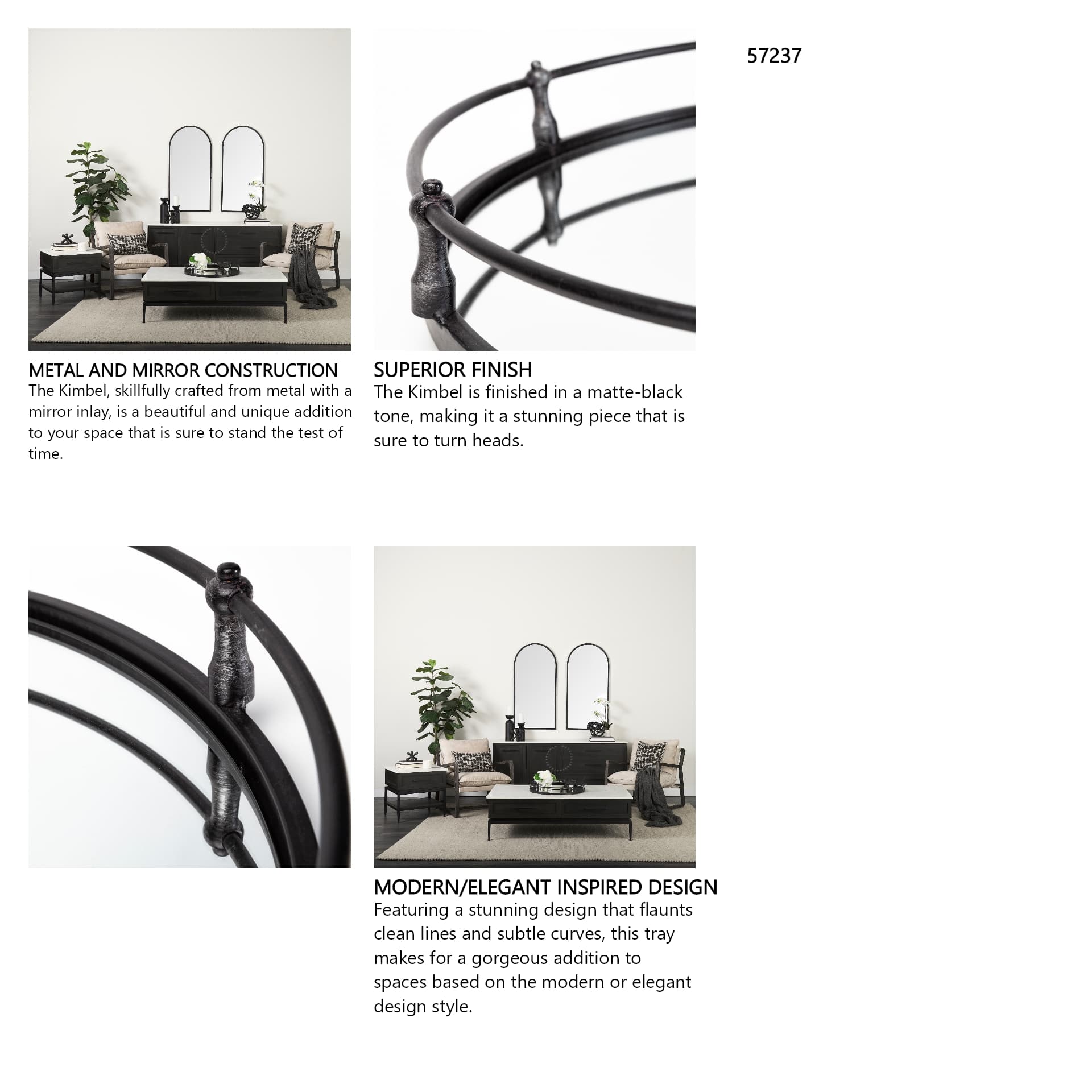 Kimbel 24L x 24W Black Metal Mirrored Base Round Tray — in a styled room
