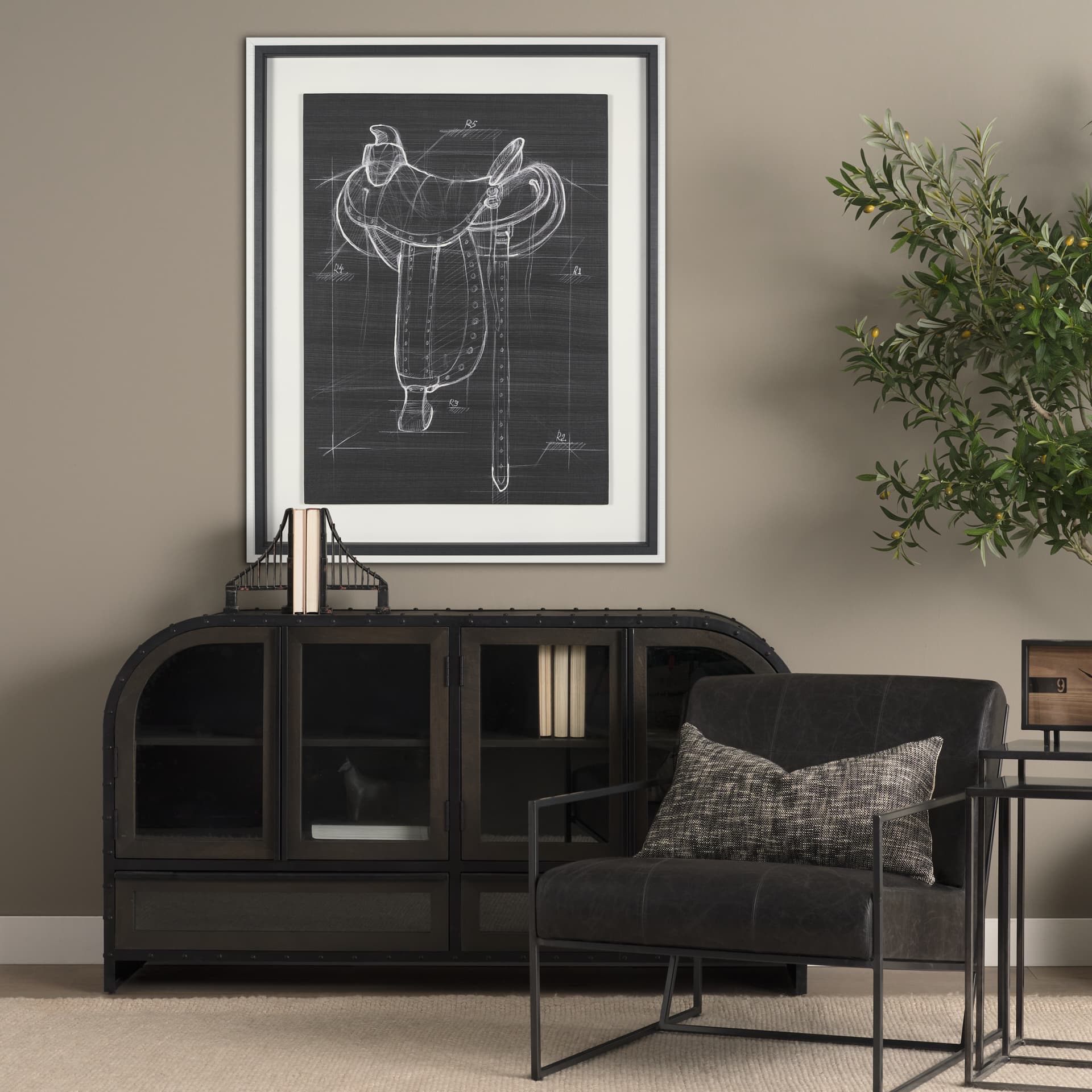 Horse Seat Black I by Mercana Studio a Hand Embellished Textured Framed Art Print — in a styled room