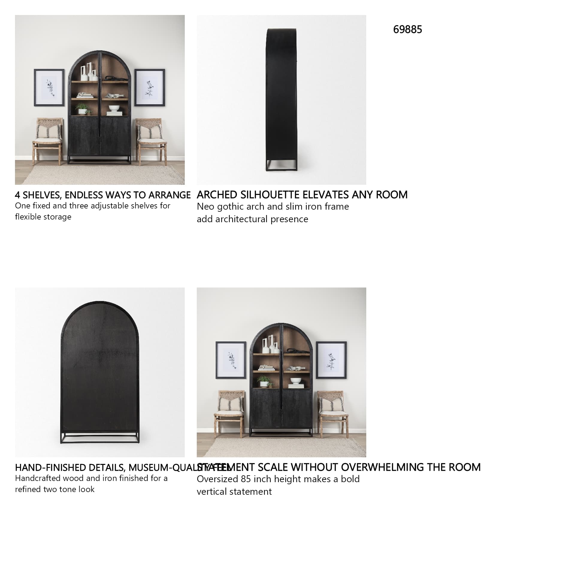 Sloan 47.5W x 85.5H Black Wood W/Black Metal Frame Arch Cabinet — in a styled room