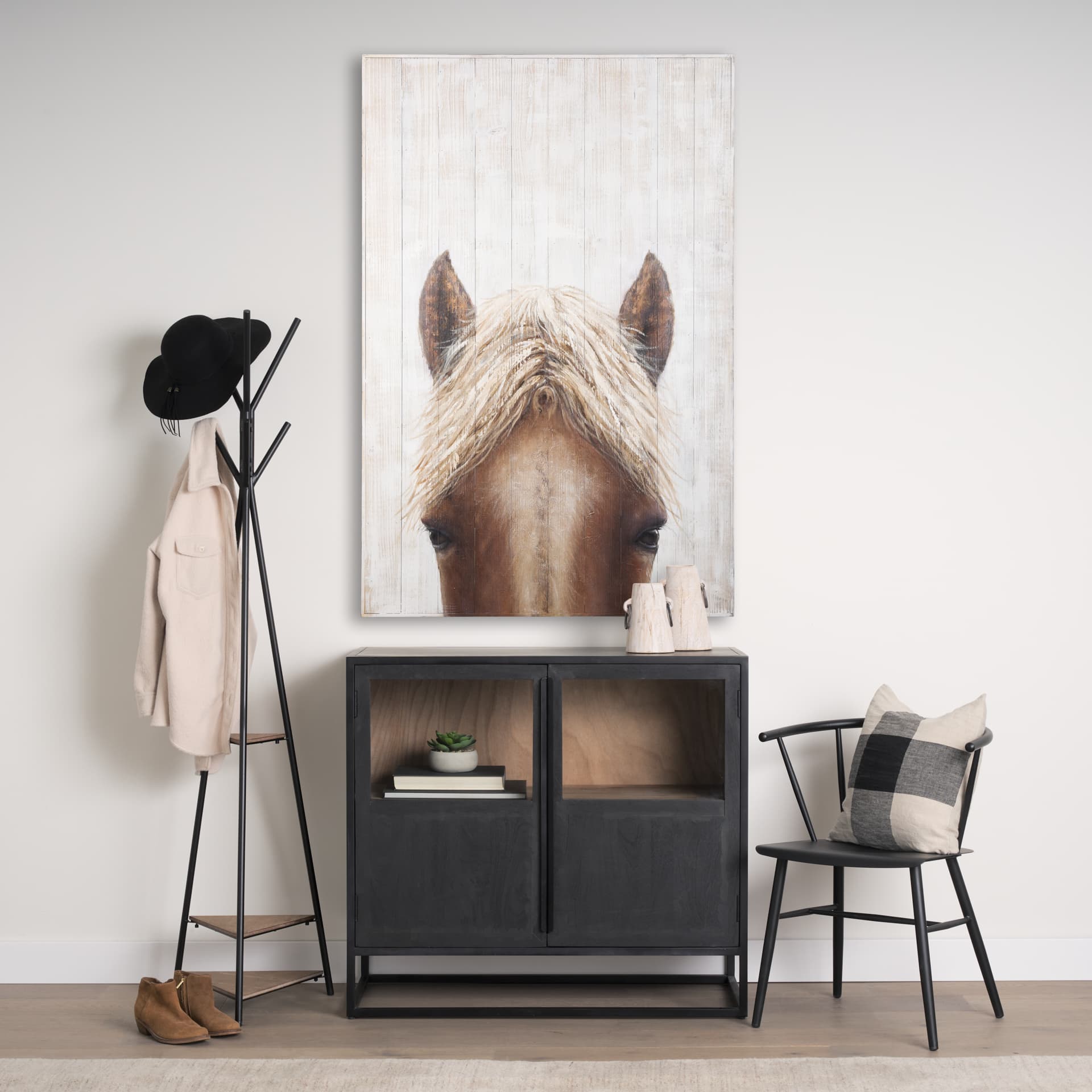 Horse Fringe Painting on Wood — in a styled room