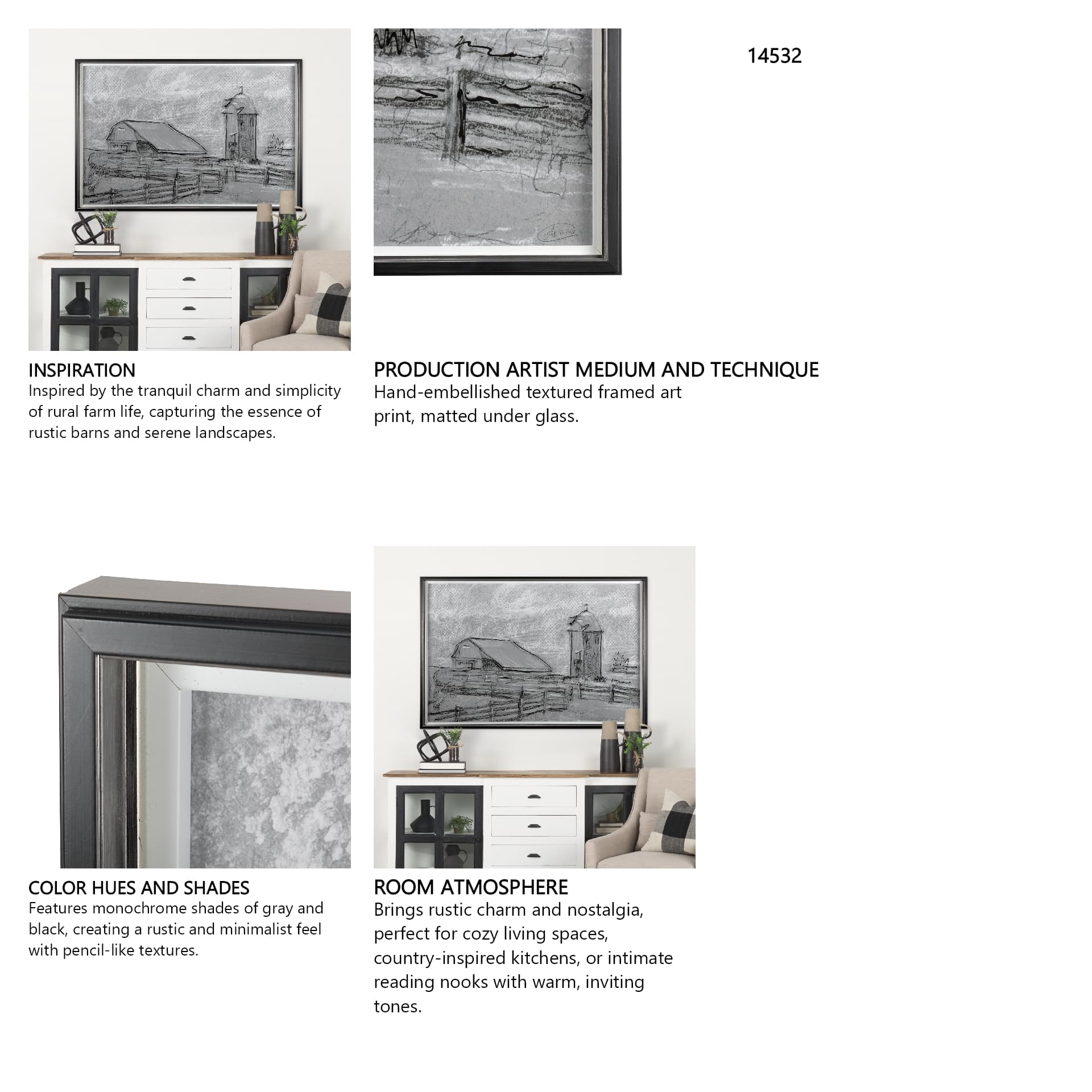 Farm view sketch II by Mercana Studio Hand Embellished Textured Framed Art Print Matted under Glass — in a styled room