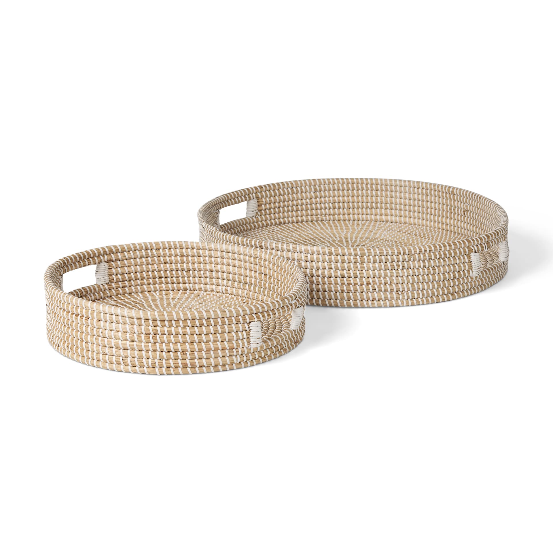 Kalama Set of 2 Large Round Seagrass Trays w/ Handles — product photograph
