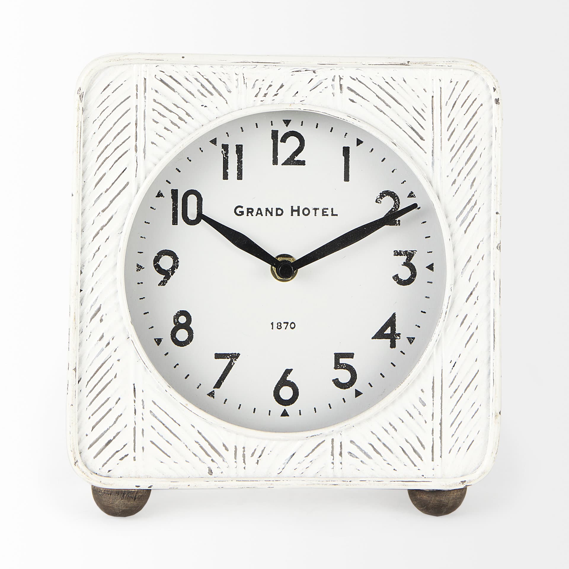 Karl 8.0L x 2.8W x 8.8H Rustic White Iron Rounded Square Table Clock — product photograph