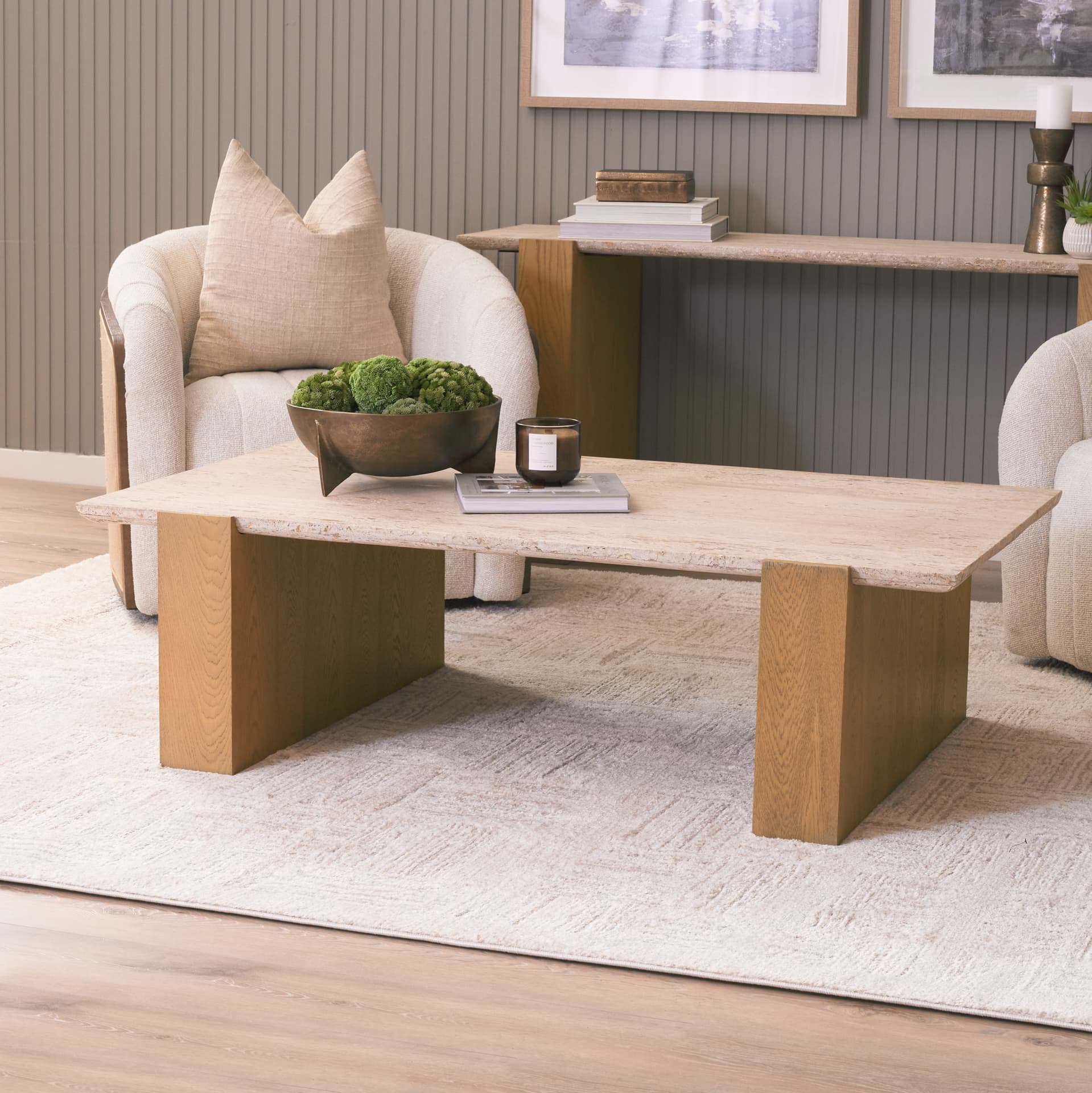 Milos Travertine Top w/ Light Brown Oak Wood Coffee Table — product photograph