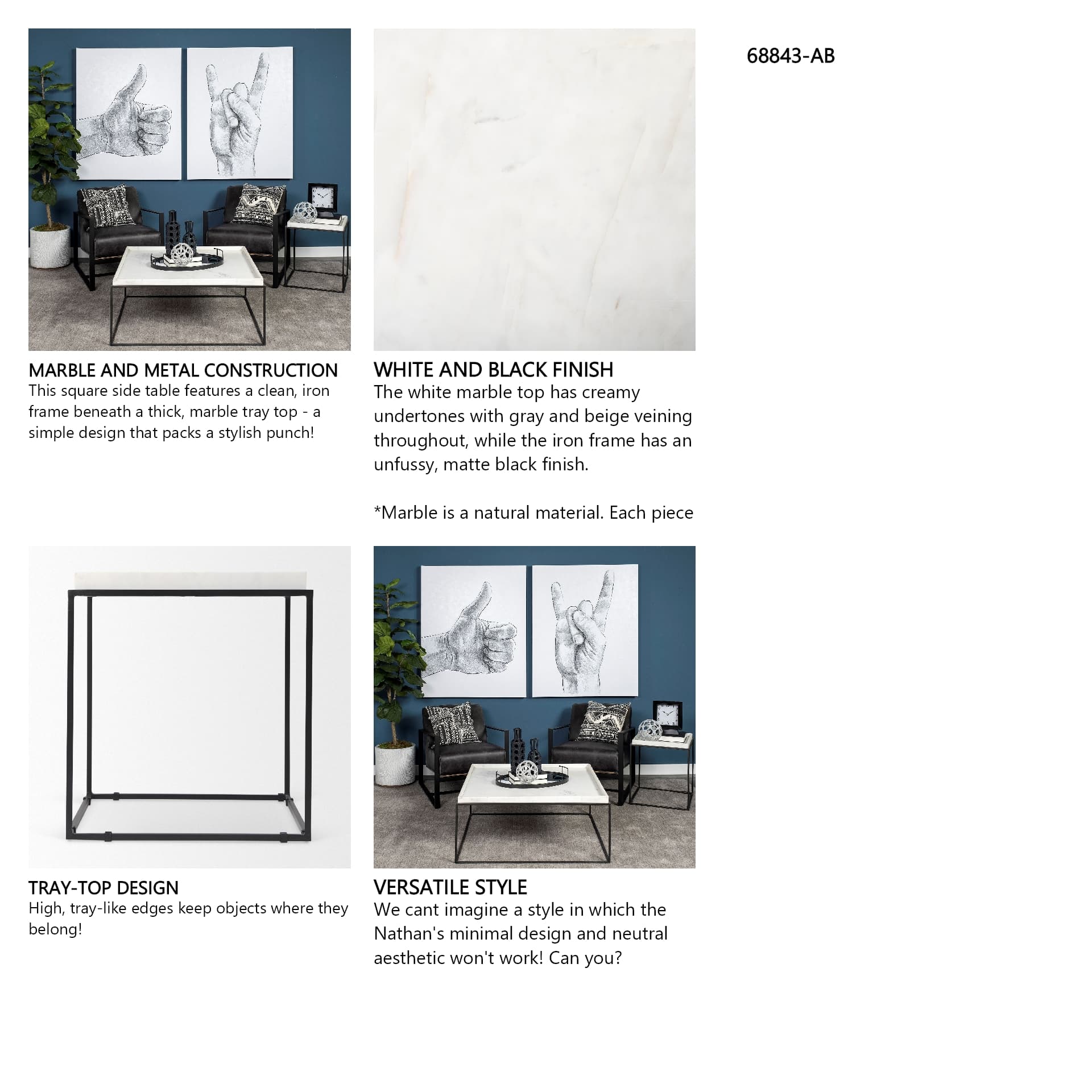Nathan II 18" x 20" Square Top White Marble and Black Metal End/Side Table — in a styled room