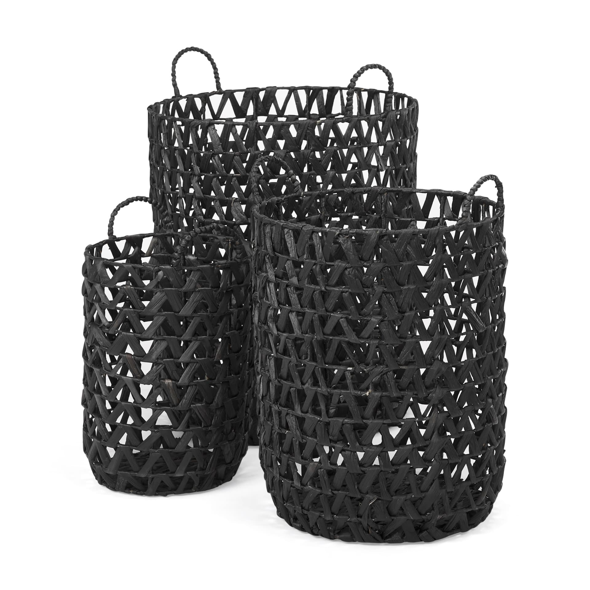 Lola (Set of 3) Black Water Hyacinth Zig Zag Weave Round Basket W/ Handles — product photograph