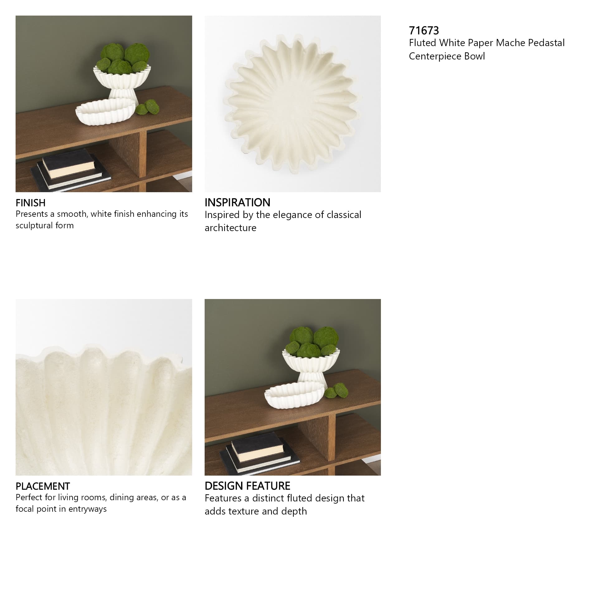 Camelia Fluted White Paper Mache Pedastal Centerpiece Bowl — in a styled room