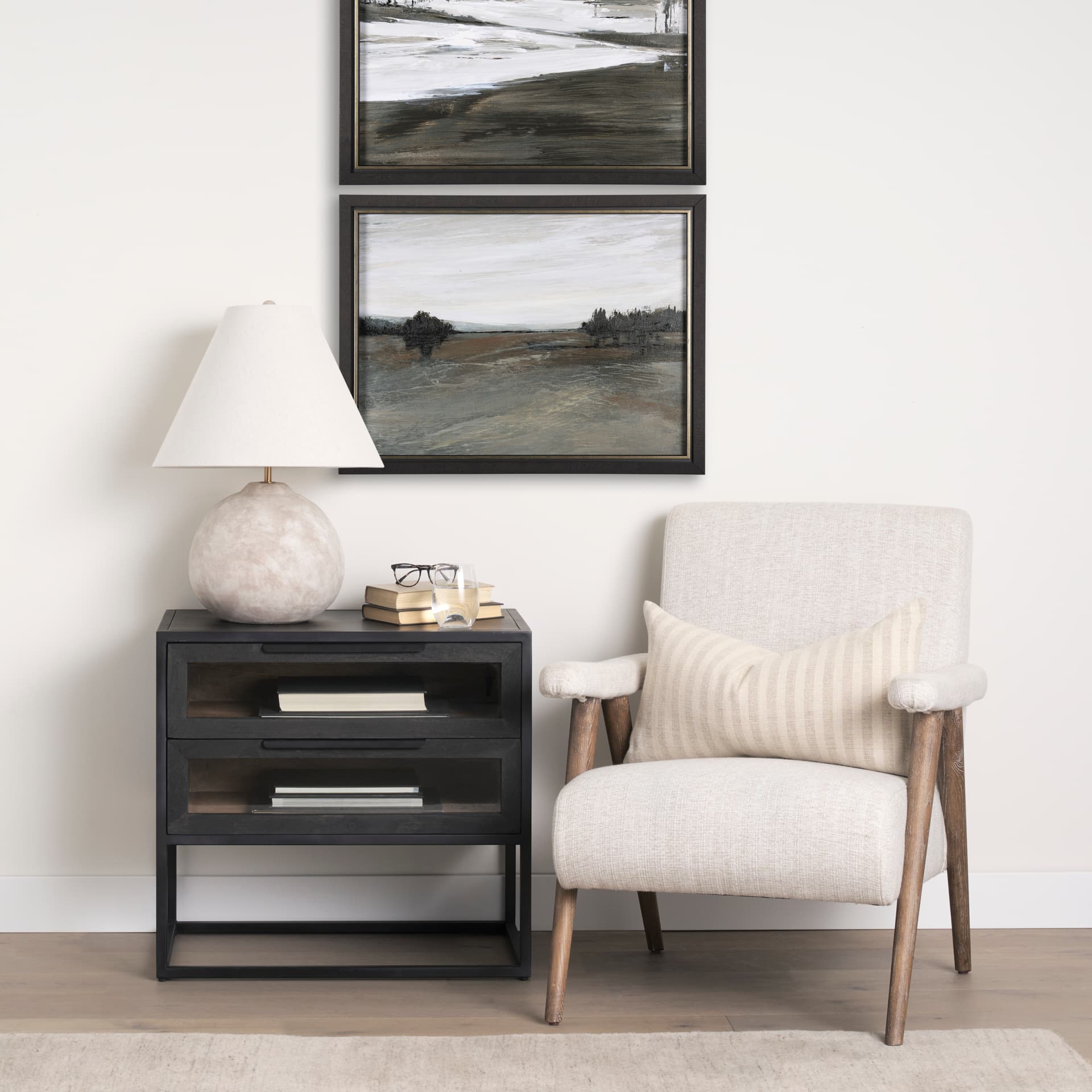 Nico Oatmeal Upholstered w/ Brown Wood Accent Chair — in a styled room