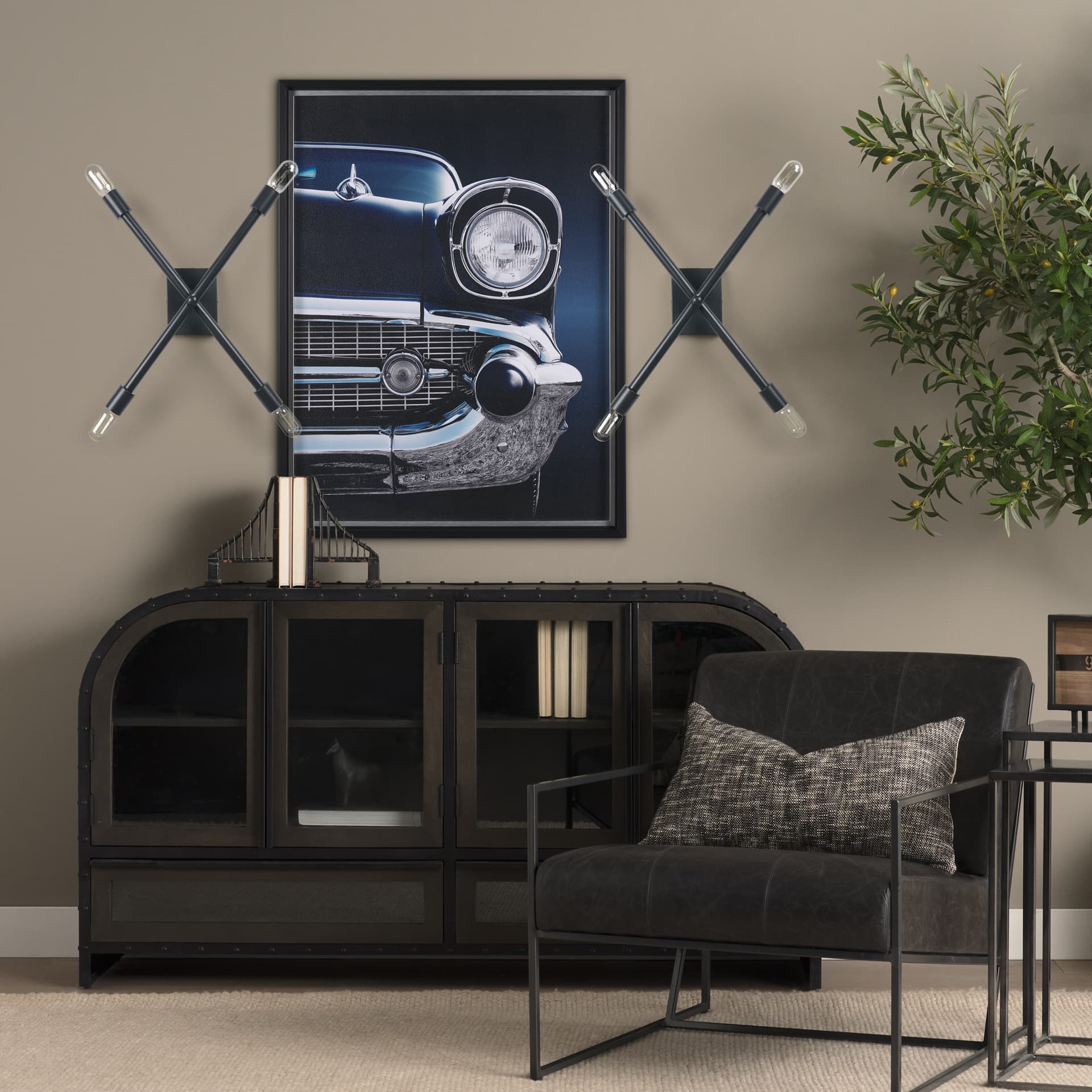 Xendi 4x25 Black Toned Metal Sputnik Wall Sconce — in a styled room