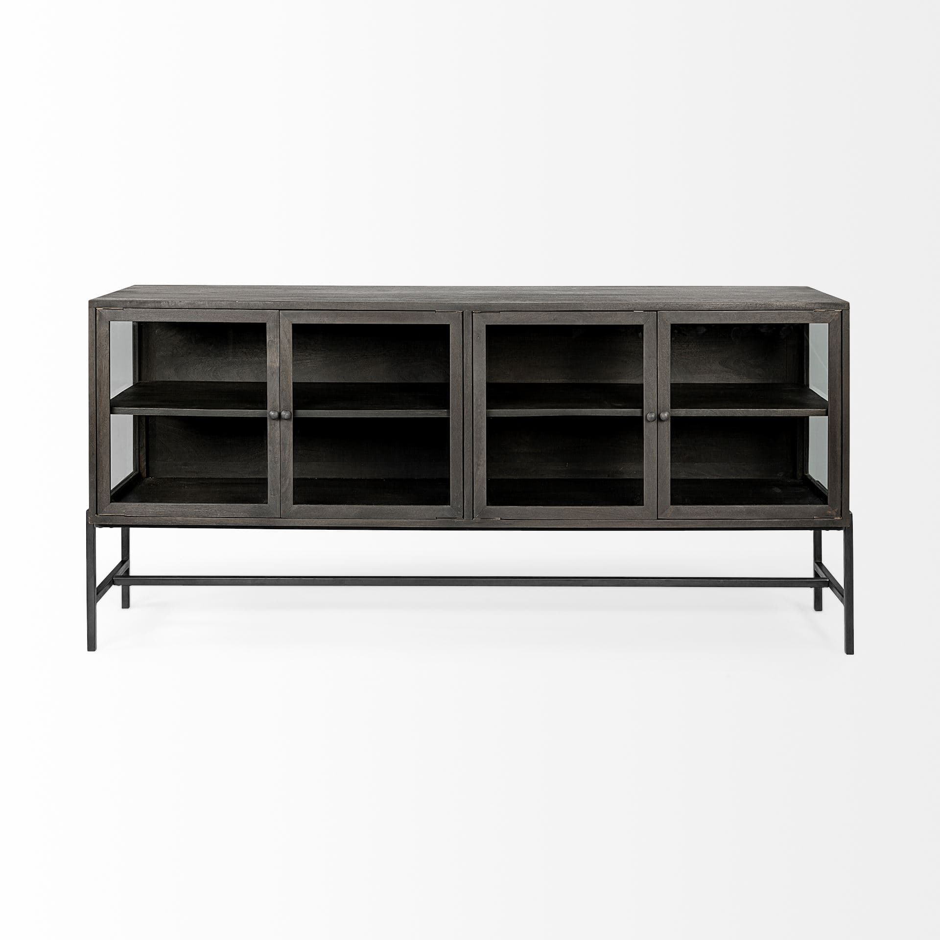 Arelius 70L x 18.75W x 32H Black-Brown Wood, Black Metal Base w/ 4 Glass Cabinet Doors Sideboard — product photograph