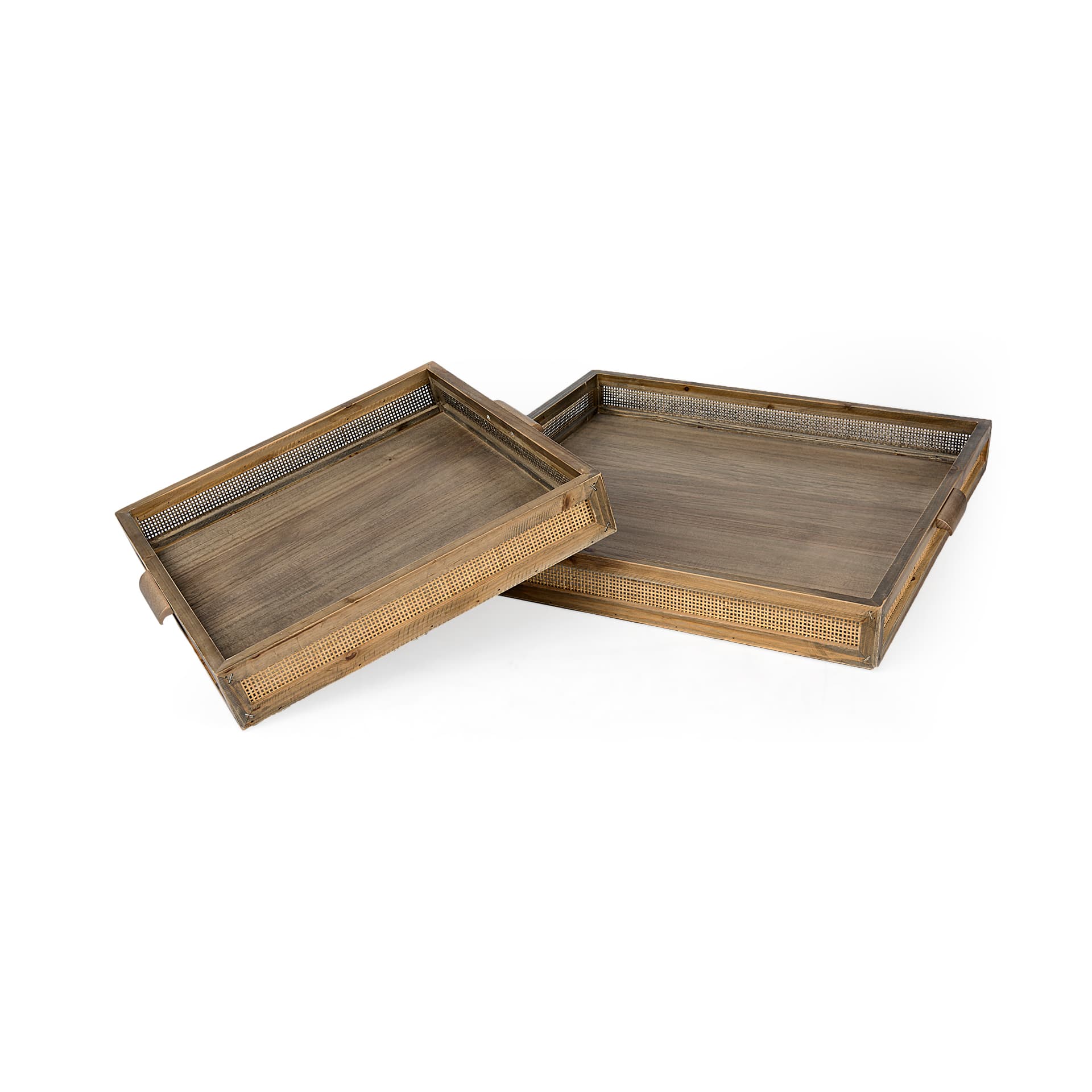 Sonny 23.6L x 23.6W x 2.0H Set of Two Brown Wood and Wicker Square Trays — product photograph
