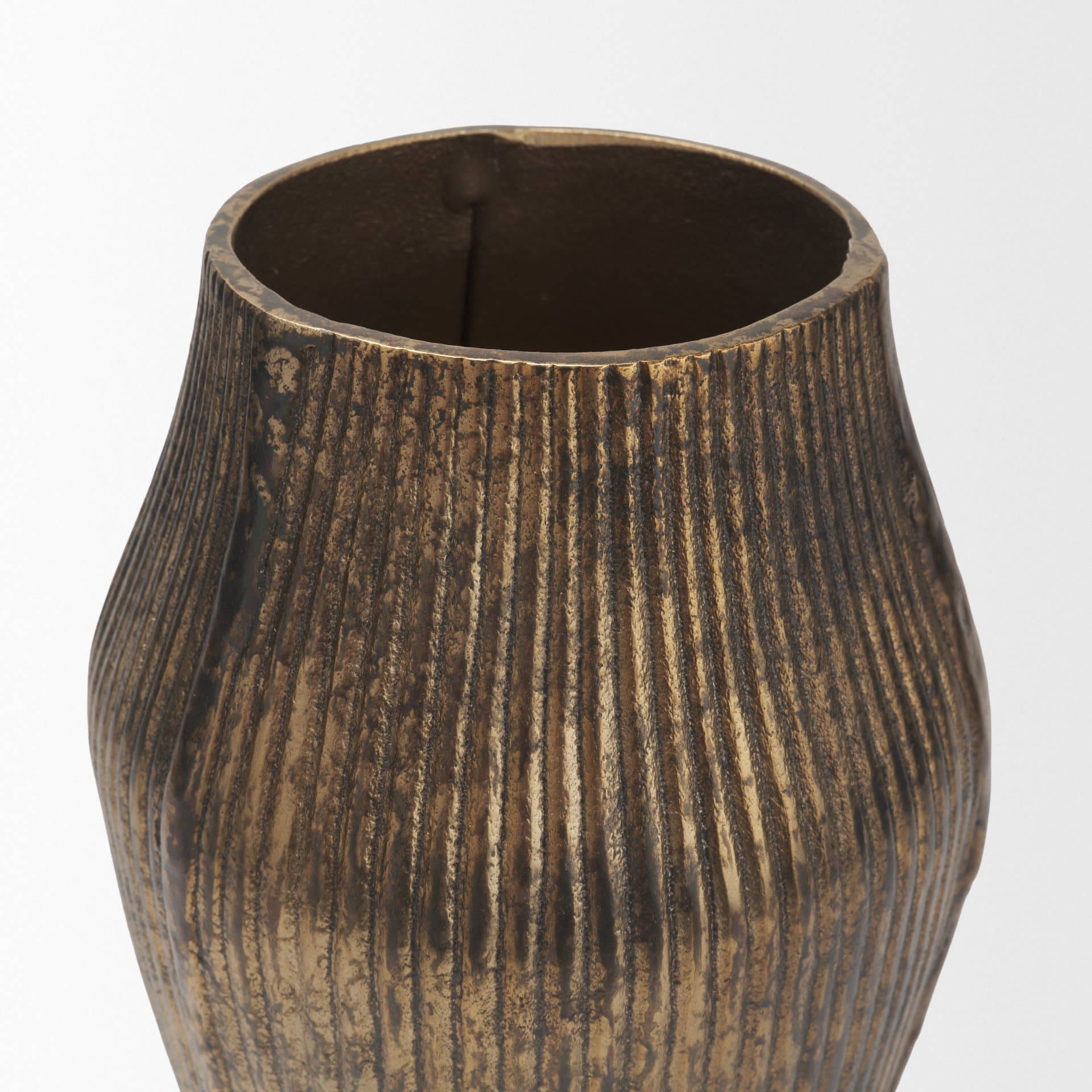 Patine Wide Antiqued Brass Metal Fluted Decorative Vase — product photograph