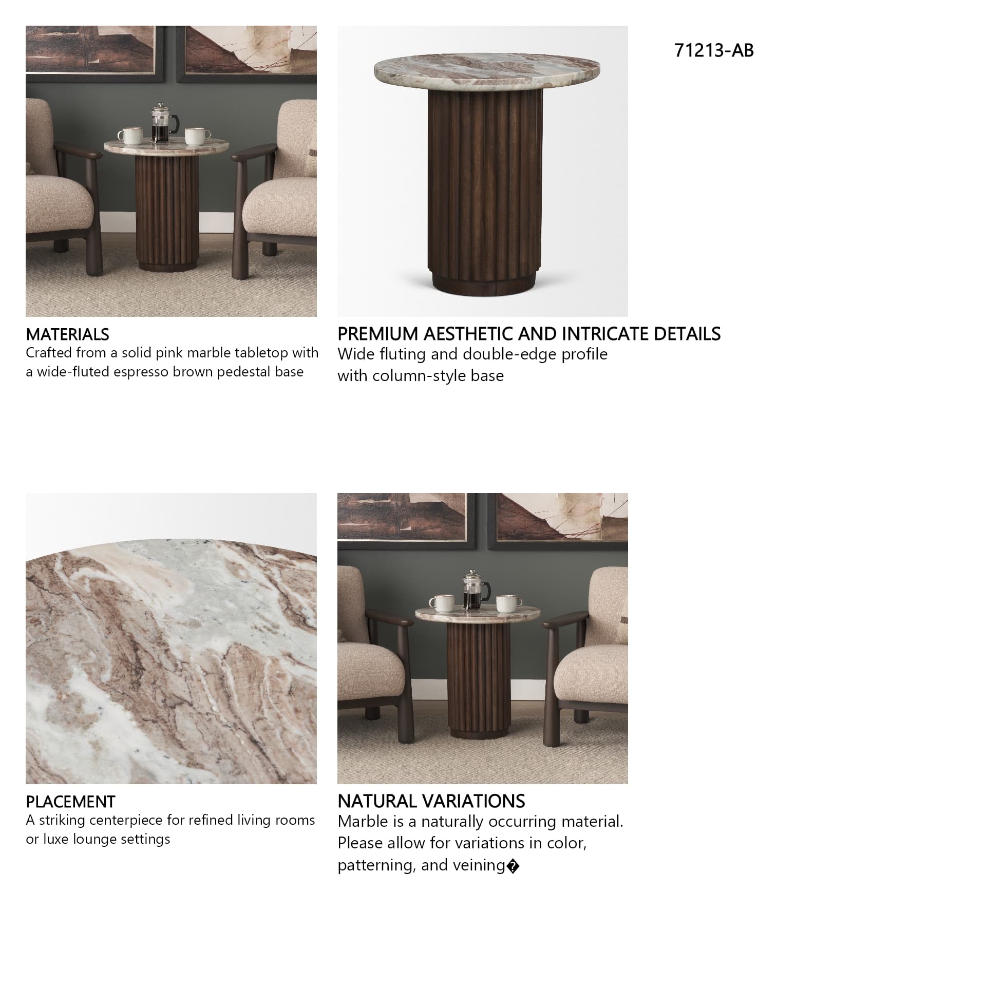 Marbrello Pink Marble Top Espresso Brown Fluted Wood Round Side Table — in a styled room