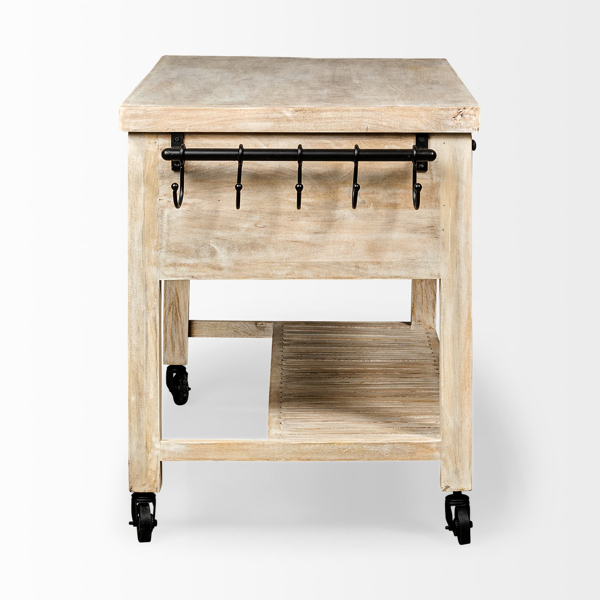 Columbia 62L x 28W x 36H I Light Brown Body w/ Black Iron Knobs Rolling Kitchen Island — product photograph
