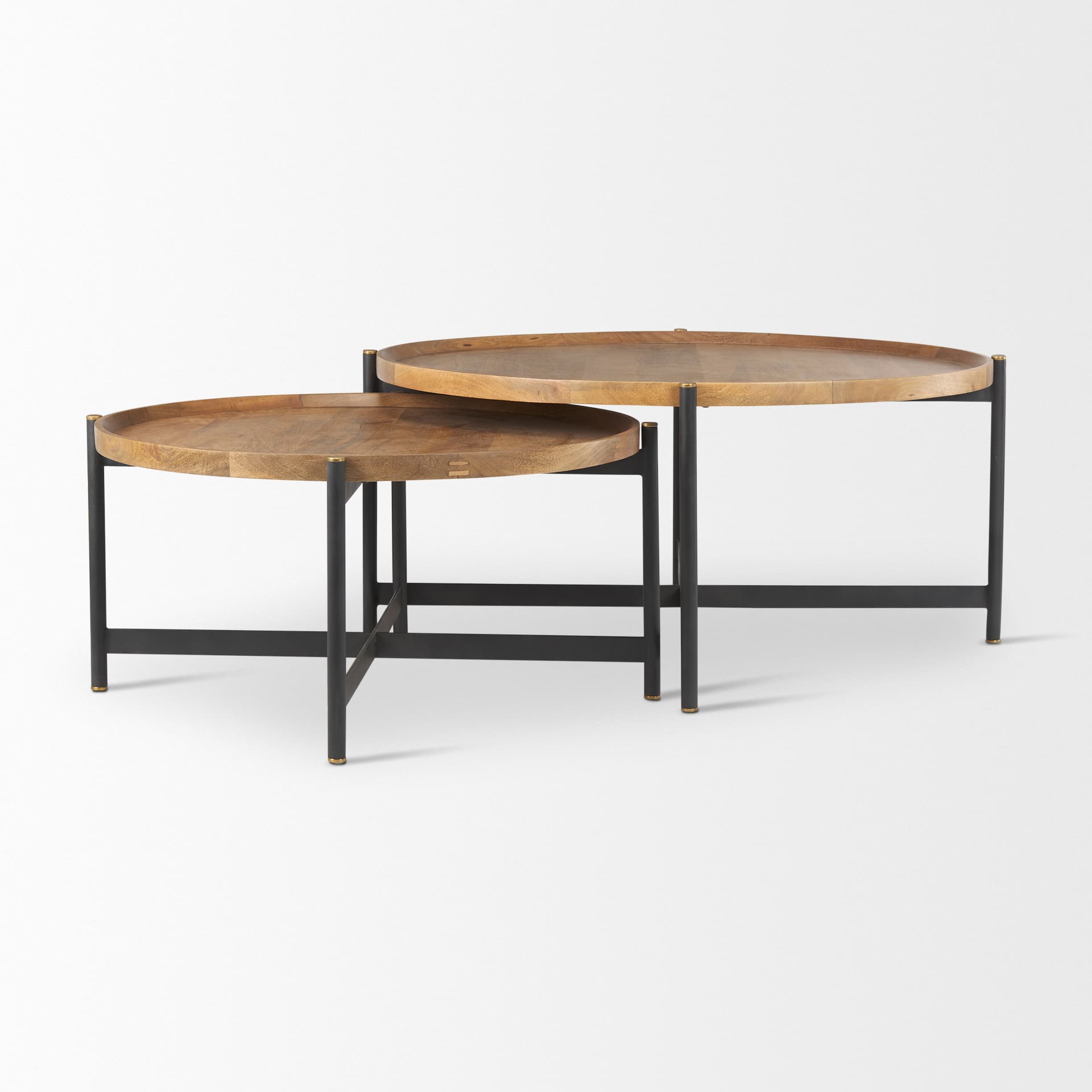 Marquisa 34.25" Round Small Brown Wood w/ Black Metal Coffee Table — product photograph