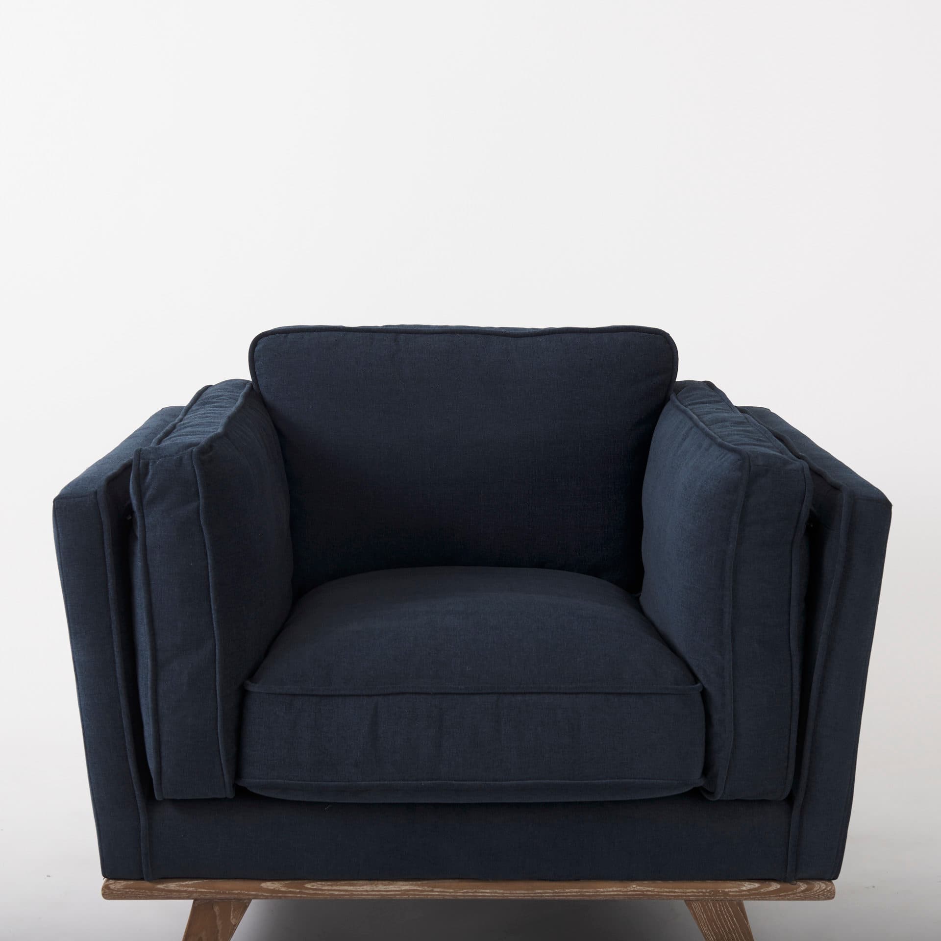 Brooks 41.7L x 34.8W x 33.5H Navy Blue Fabric Chair W/ Medium Brown Wooden Legs — product photograph