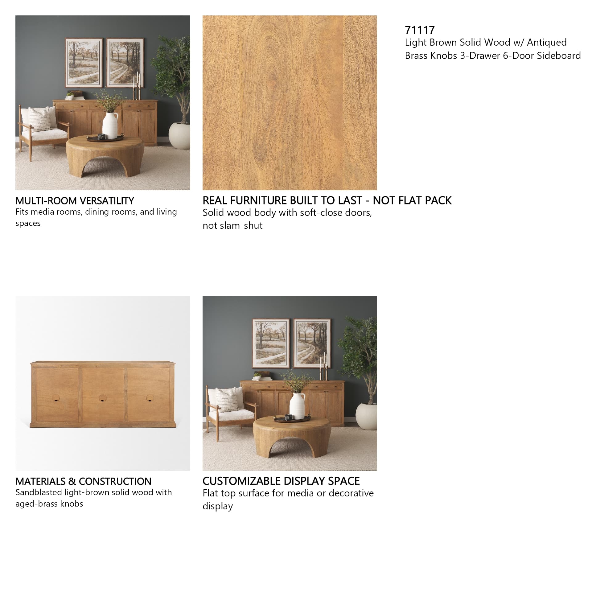 Baron Light Brown Solid Wood w/ Antiqued Brass Knobs 3-Drawer 6-Door Sideboard — in a styled room
