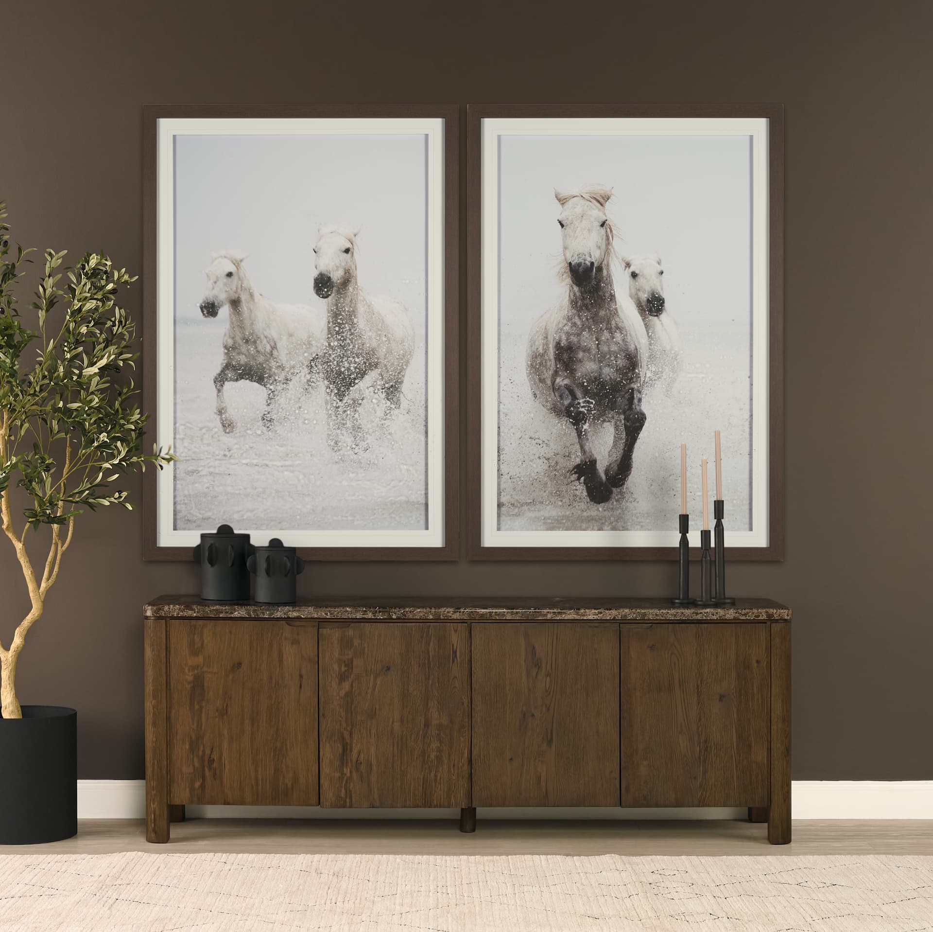 Kendrix Dark Brown Oak Wood Cappuccino Marble 4 Door Closed Sideboard — in a styled room