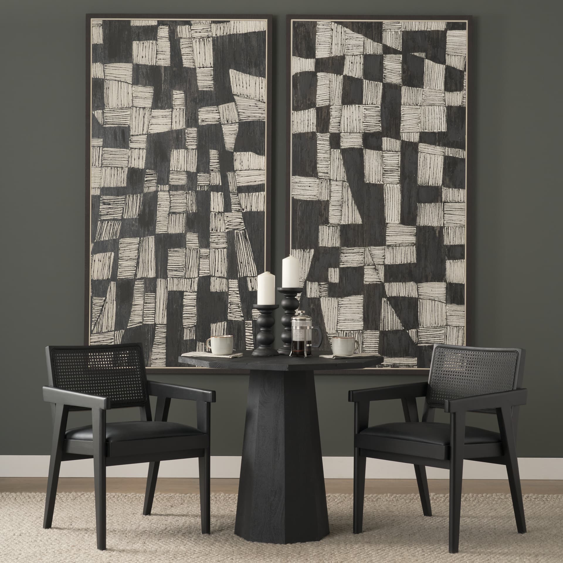 Maxine Hexagonal Black Wood Foyer Table — in a styled room