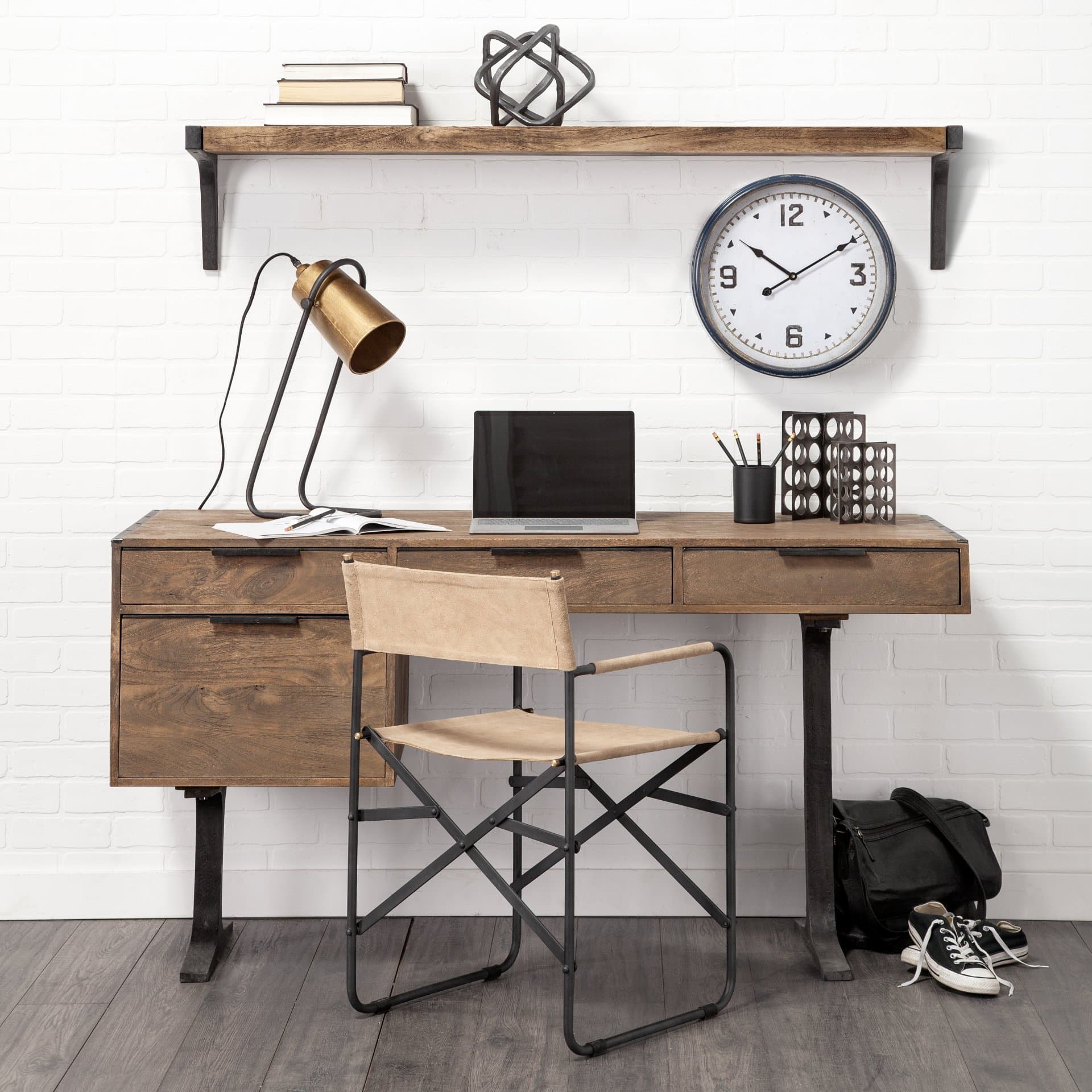 Dion I 58.0L x 11.0W x 11.0H Brown Wood W/Black Metal Wall Shelf — in a styled room
